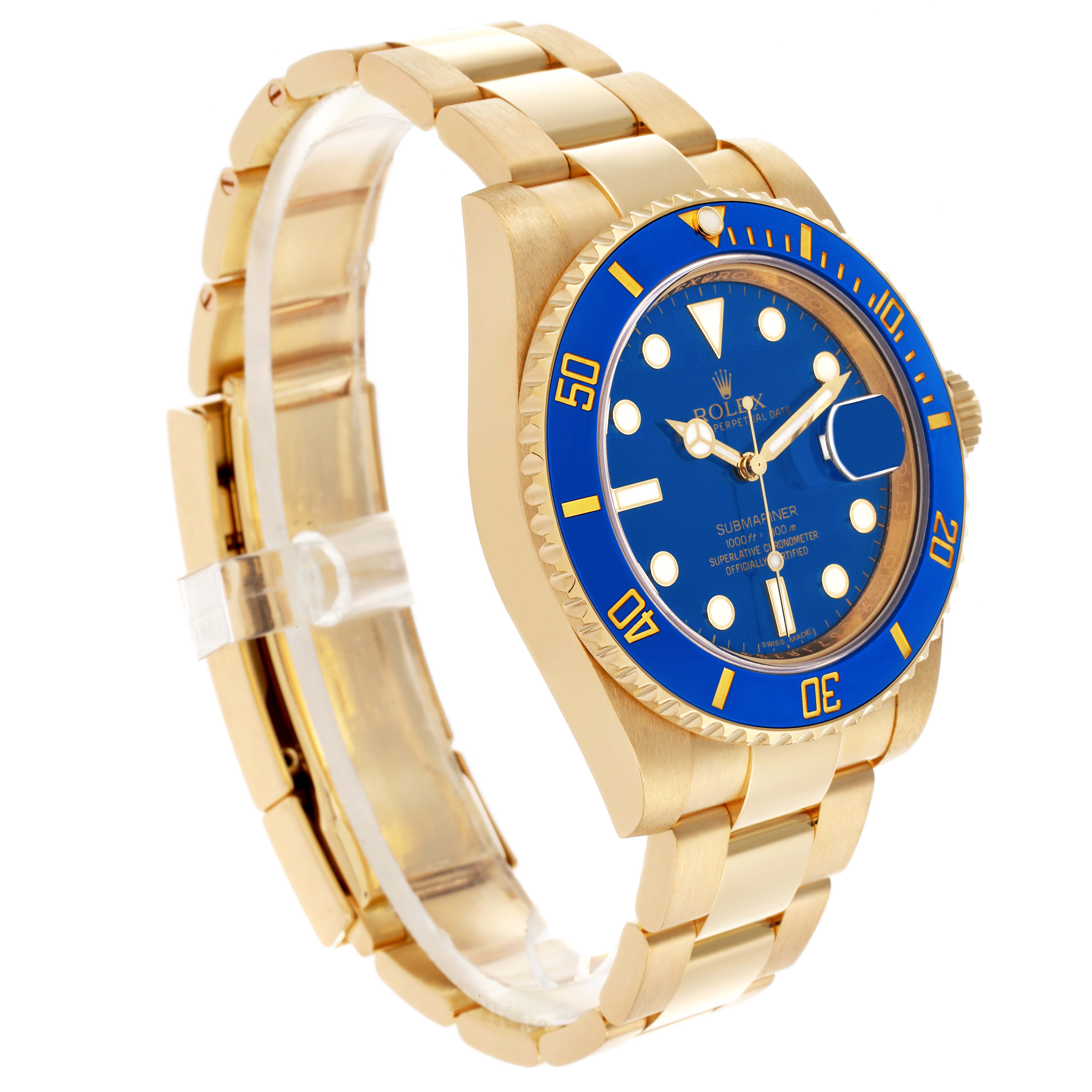 The Rolex Submariner 116618LB Men's Yellow Gold Blue Dial 116618LB Men's Yellow Gold Blue Dial watch is shown at a three-quarter angle, highlighting the gold case, blue bezel, and bracelet.
