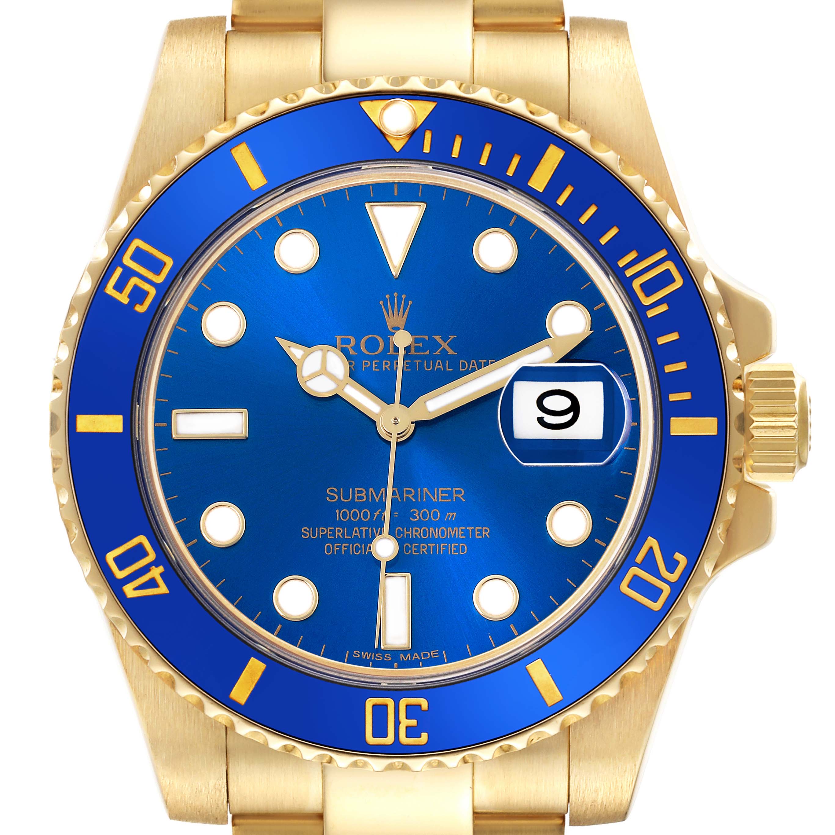 The Rolex Submariner 116618LB Men's Yellow Gold Blue Dial 116618LB Men's Yellow Gold Blue Dial watch is shown from the front, displaying the dial, bezel, and part of the bracelet.