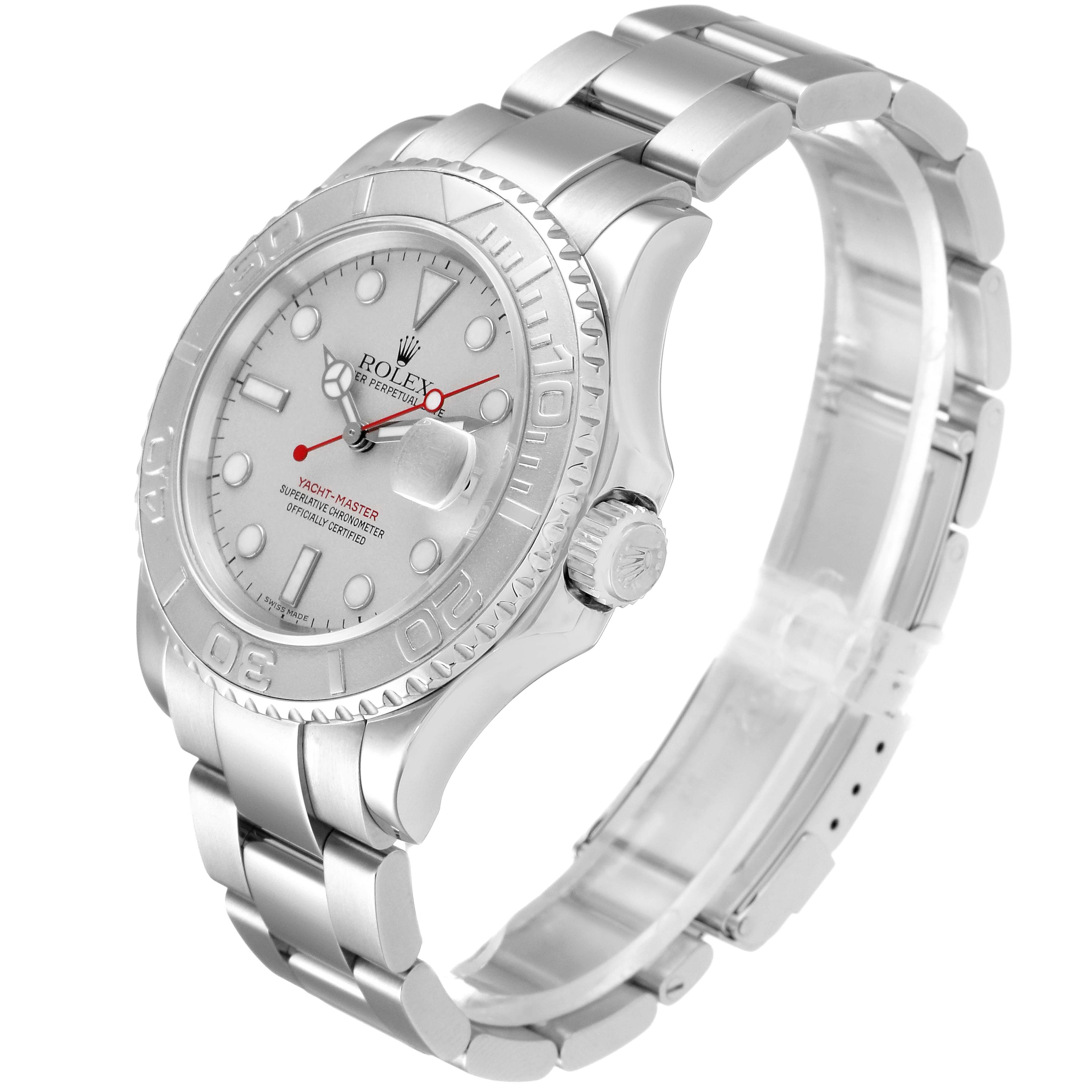 The image shows a side-angle view of a Rolex Yacht-Master 16622 Men
s Stainless Steel Silver Dial 16622 Men
s Stainless Steel Silver Dial watch, including the face, bezel, crown, and part of the bracelet.