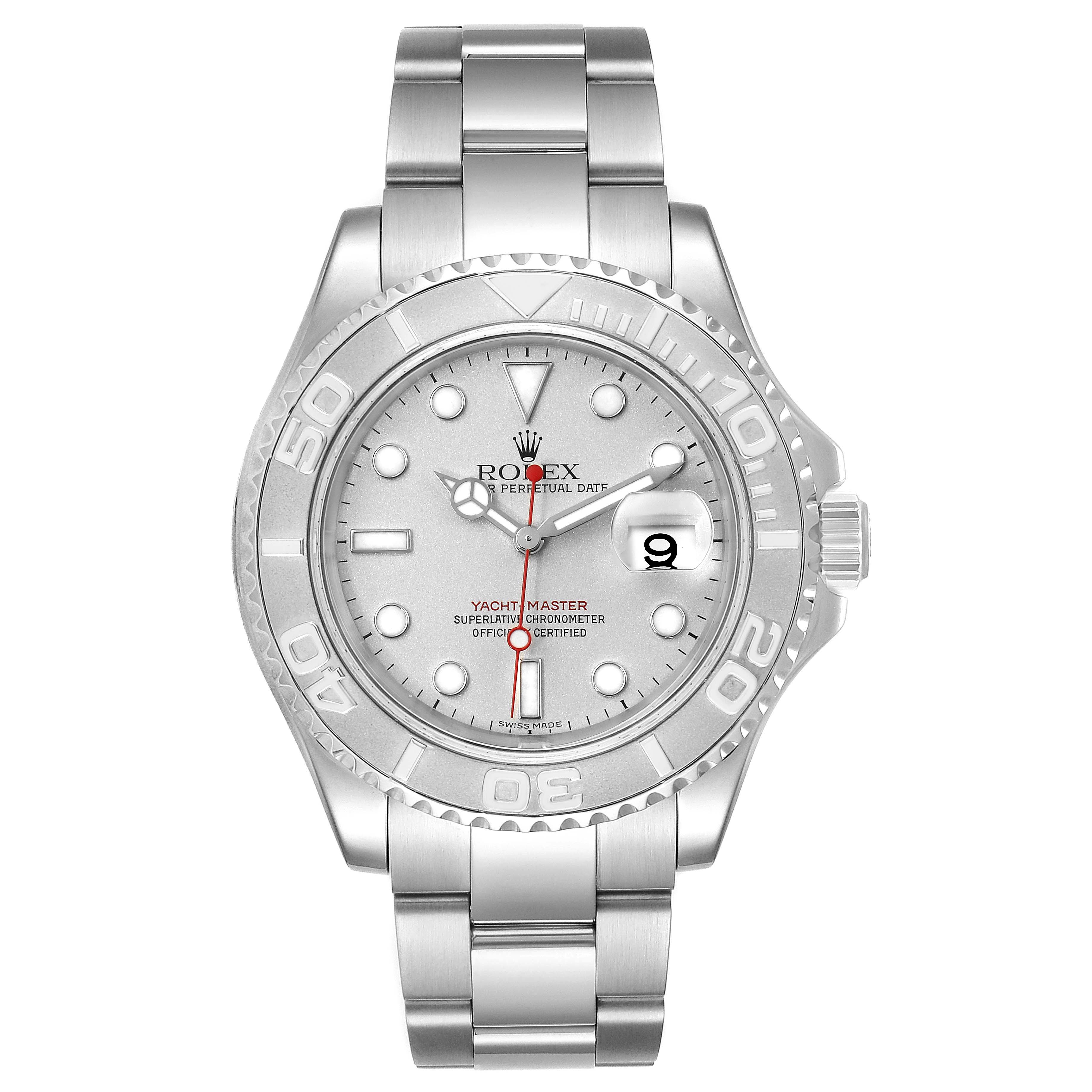 This is a front view of a Rolex Yacht-Master 16622 Men
s Stainless Steel Silver Dial 16622 Men
s Stainless Steel Silver Dial watch, showing the face, bezel, bracelet, and crown.