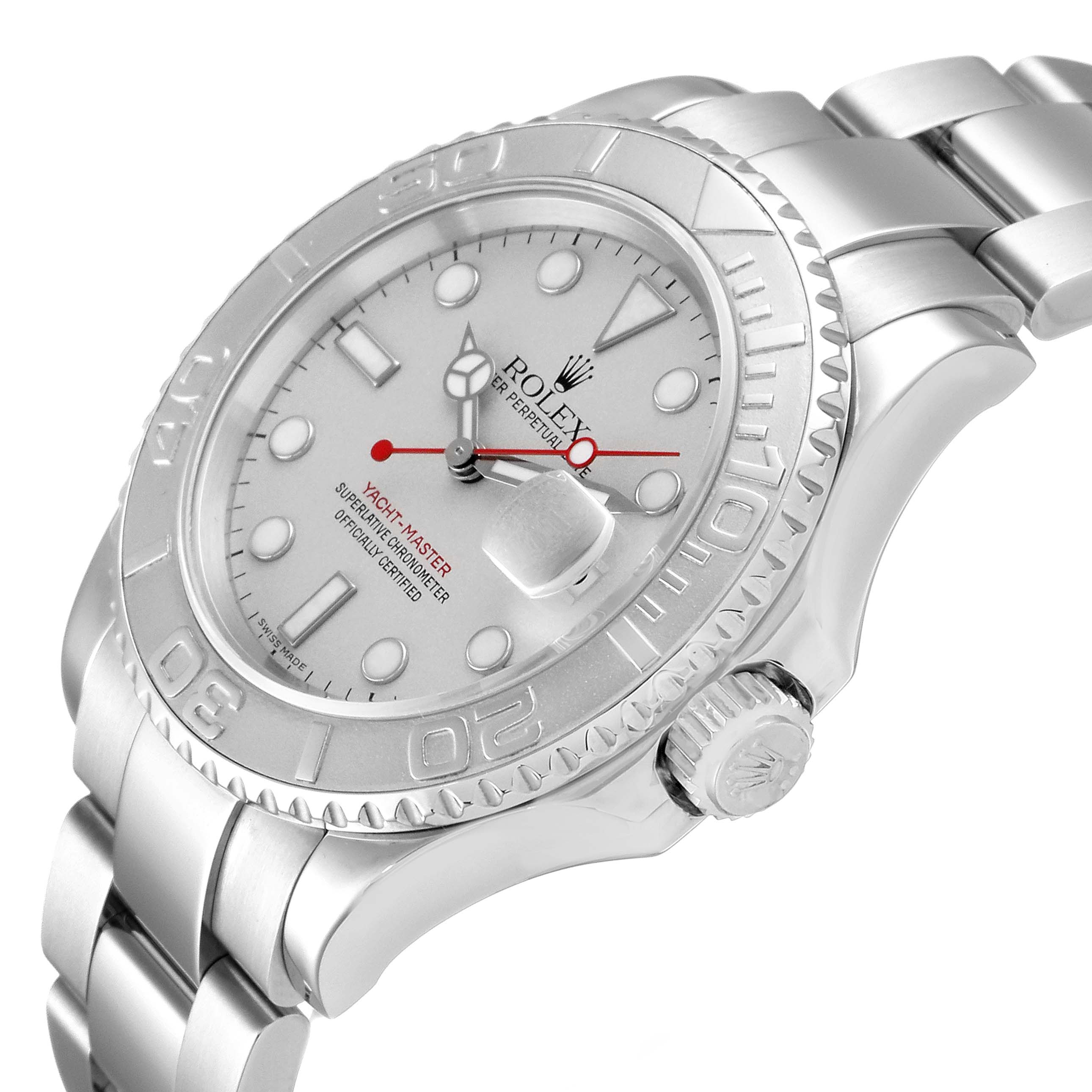 The image shows a Rolex Yacht-Master 16622 Men
s Stainless Steel Silver Dial 16622 Men
s Stainless Steel Silver Dial watch at an angle highlighting its dial, bezel, bracelet, and crown.