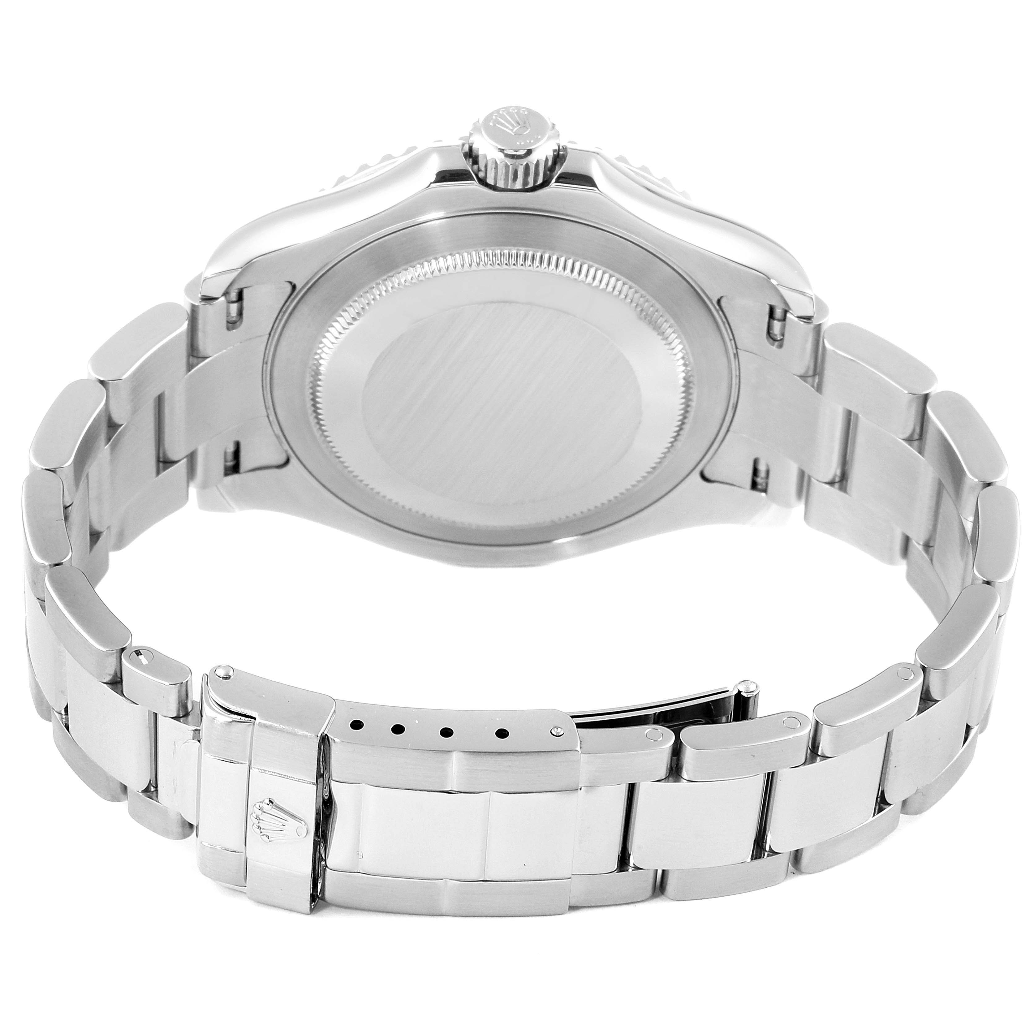 The image shows the back case, crown, and bracelet of a Rolex Yacht-Master 16622 Men
s Stainless Steel Silver Dial 16622 Men
s Stainless Steel Silver Dial watch from a rear angle.
