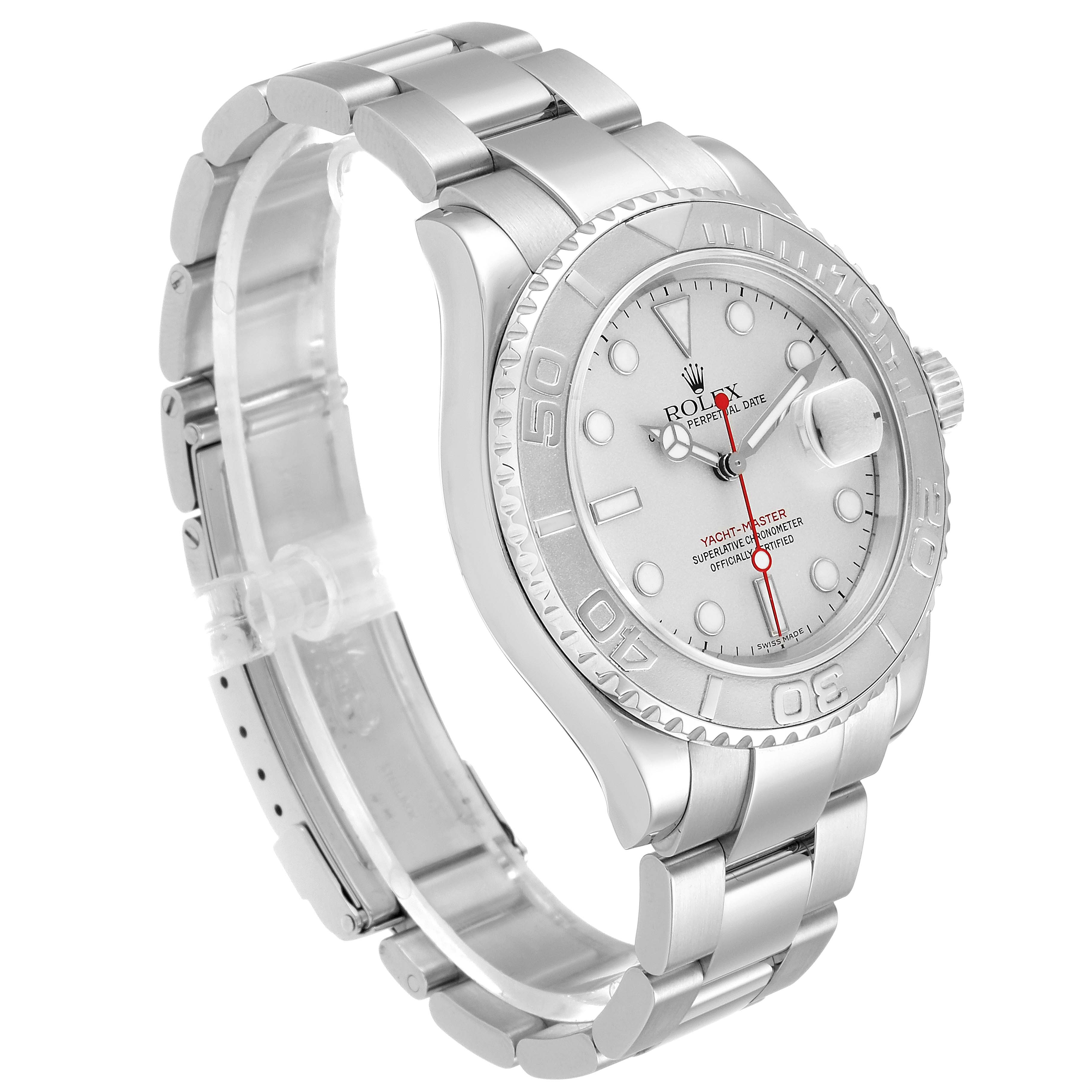 The image shows a Rolex Yacht-Master 16622 Men
s Stainless Steel Silver Dial 16622 Men
s Stainless Steel Silver Dial watch at a right-front angle, highlighting its dial, bezel, and bracelet.