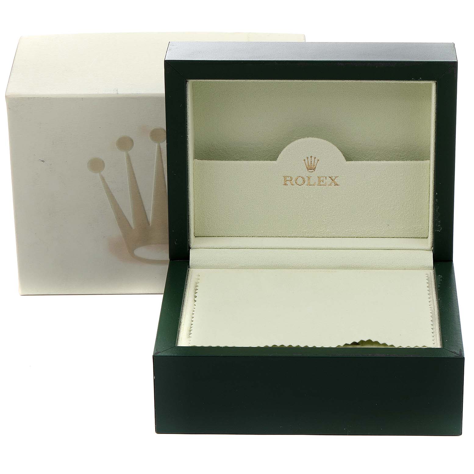 This image shows the open box for a Rolex Yacht-Master 16622 Men
s Stainless Steel Silver Dial 16622 Men
s Stainless Steel Silver Dial watch, highlighting its interior and exterior packaging.