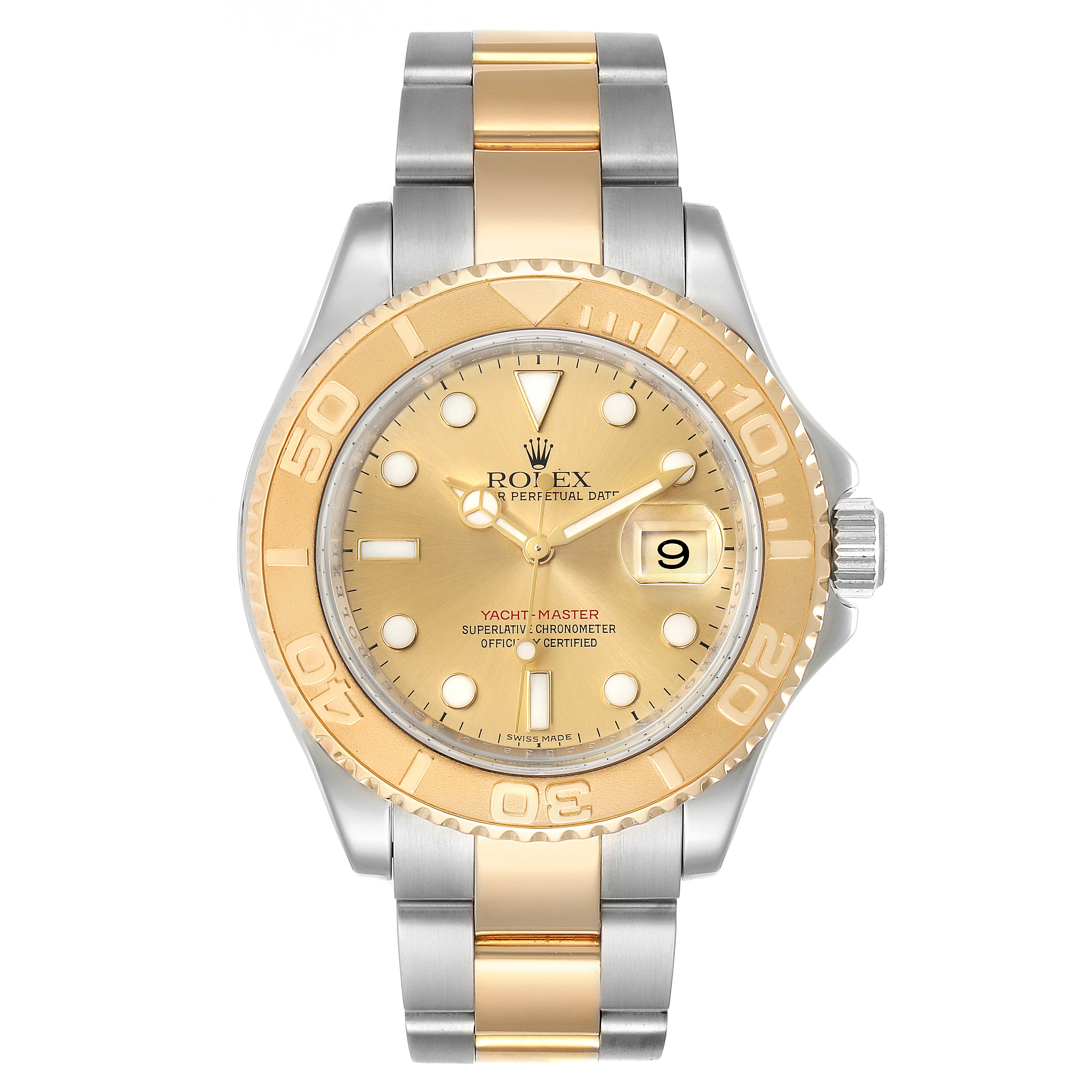 This Rolex Yacht-Master 16623 Men
s Steel and Gold (two tone) Champagne Dial 16623 Men
s Steel and Gold (two tone) Champagne Dial watch is shown from the front, displaying its gold bezel, dial, and two-tone bracelet clearly.