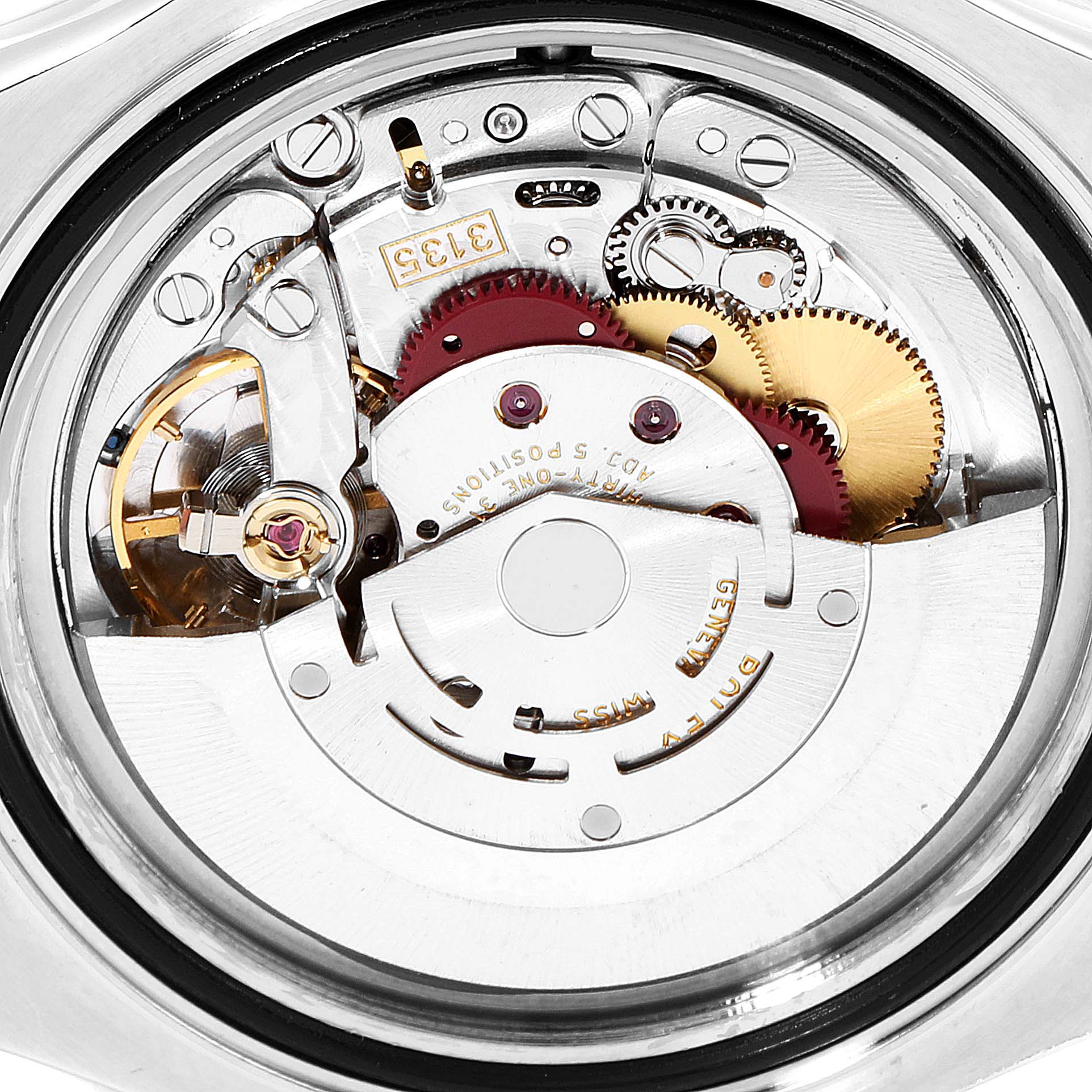 The image shows the intricate internal mechanism of a Rolex Yacht-Master 16623 Men
s Steel and Gold (two tone) Champagne Dial 16623 Men
s Steel and Gold (two tone) Champagne Dial watch, viewed from the back angle.