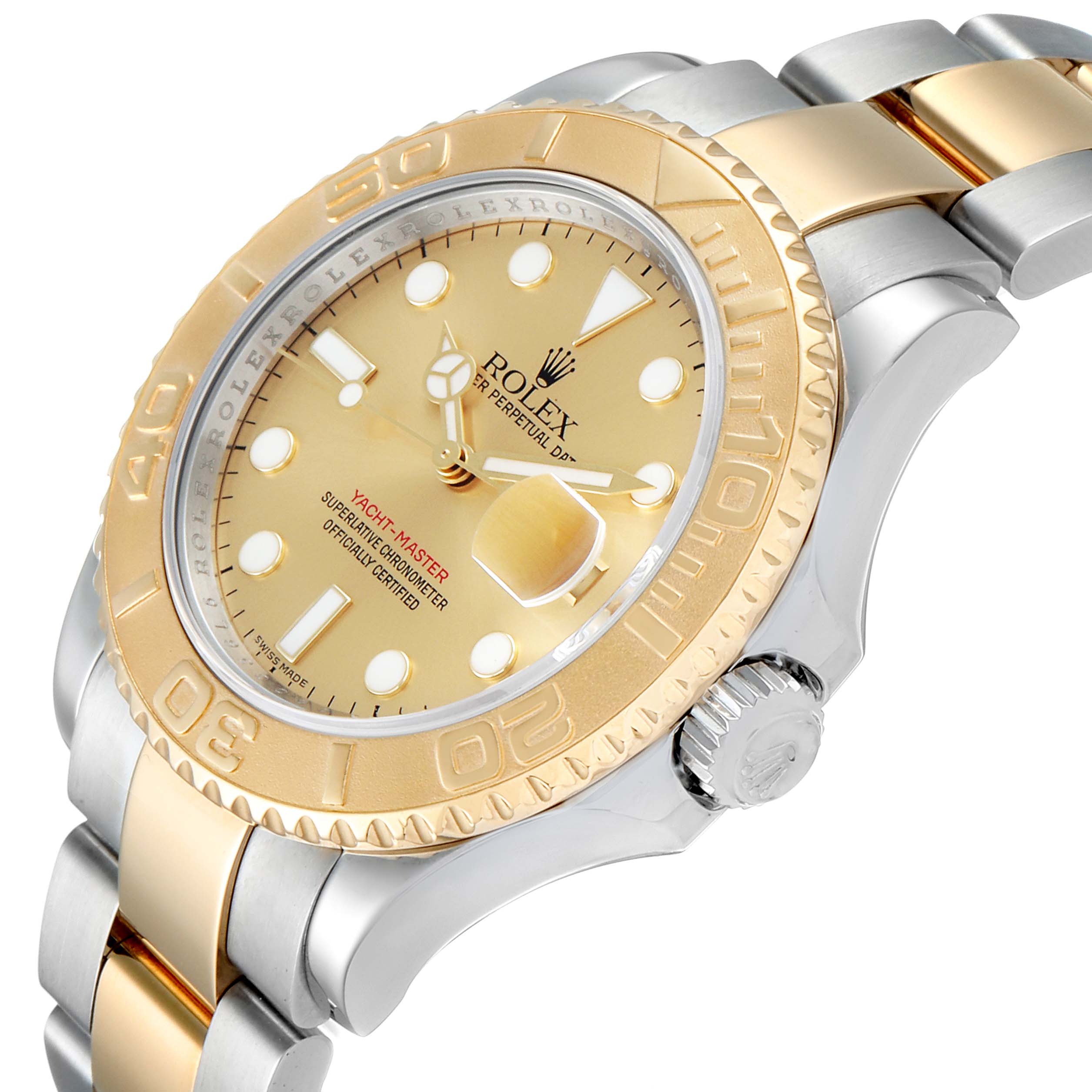 The Rolex Yacht-Master 16623 Men
s Steel and Gold (two tone) Champagne Dial 16623 Men
s Steel and Gold (two tone) Champagne Dial watch is shown at an angled view, highlighting the face, bezel, crown, and two-tone bracelet.