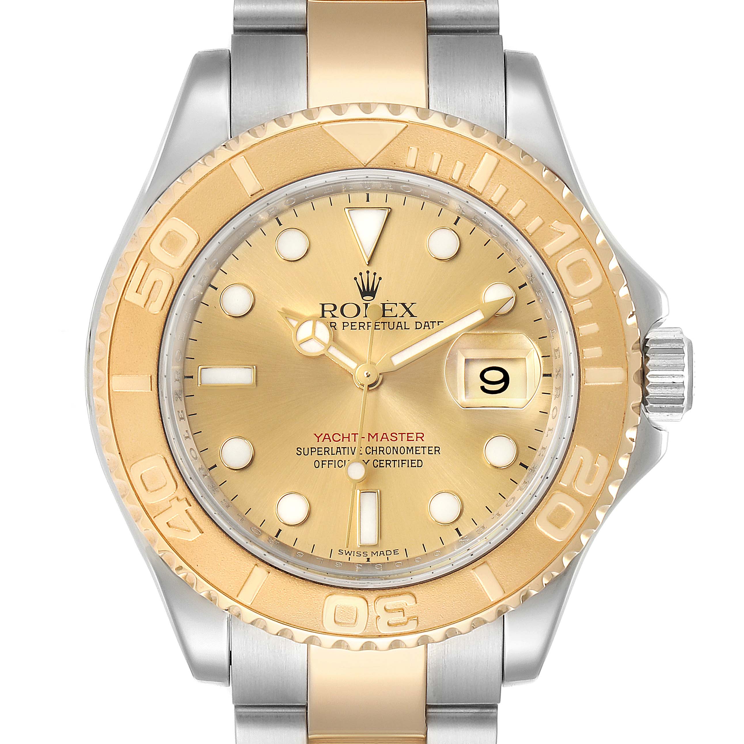 This is a front view of the Rolex Yacht-Master 16623 Men
s Steel and Gold (two tone) Champagne Dial 16623 Men
s Steel and Gold (two tone) Champagne Dial watch displaying the dial, bezel, crown, and part of the bracelet.