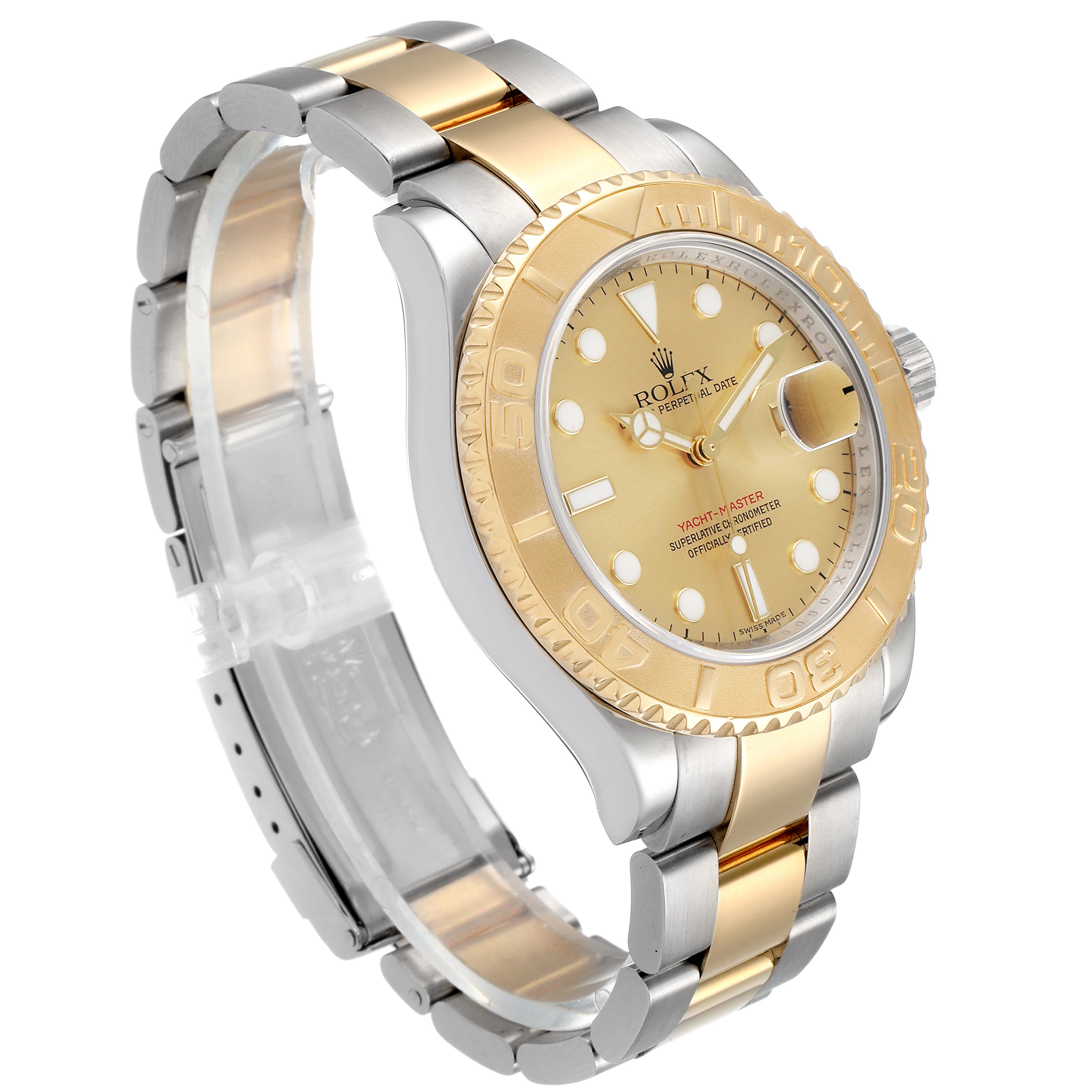 This image shows a side angle view of the Rolex Yacht-Master 16623 Men
s Steel and Gold (two tone) Champagne Dial 16623 Men
s Steel and Gold (two tone) Champagne Dial watch, featuring its gold bezel, dial, and two-tone bracelet.