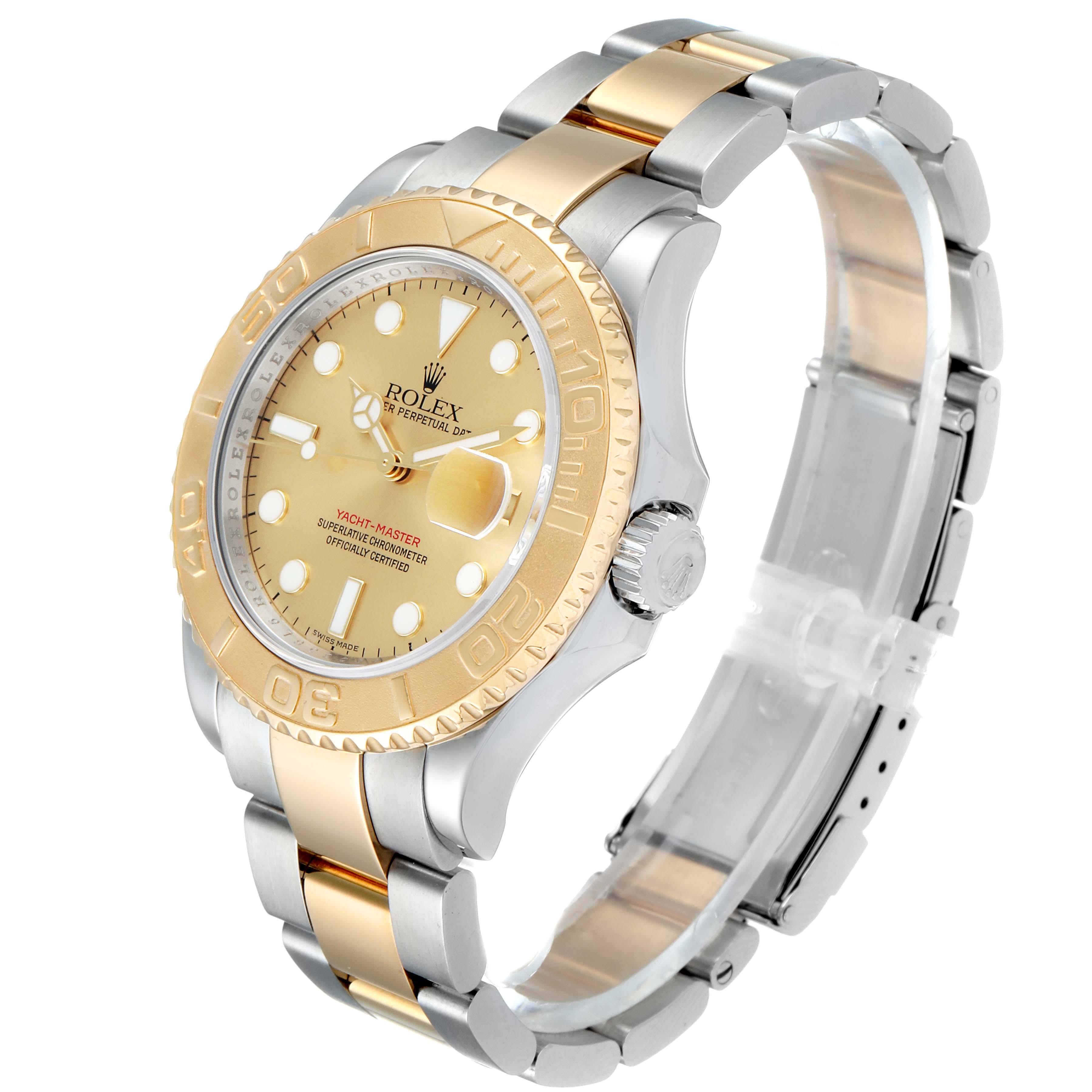 The image shows a Rolex Yacht-Master 16623 Men
s Steel and Gold (two tone) Champagne Dial 16623 Men
s Steel and Gold (two tone) Champagne Dial watch angled from the right side, displaying the dial, bezel, and bracelet.