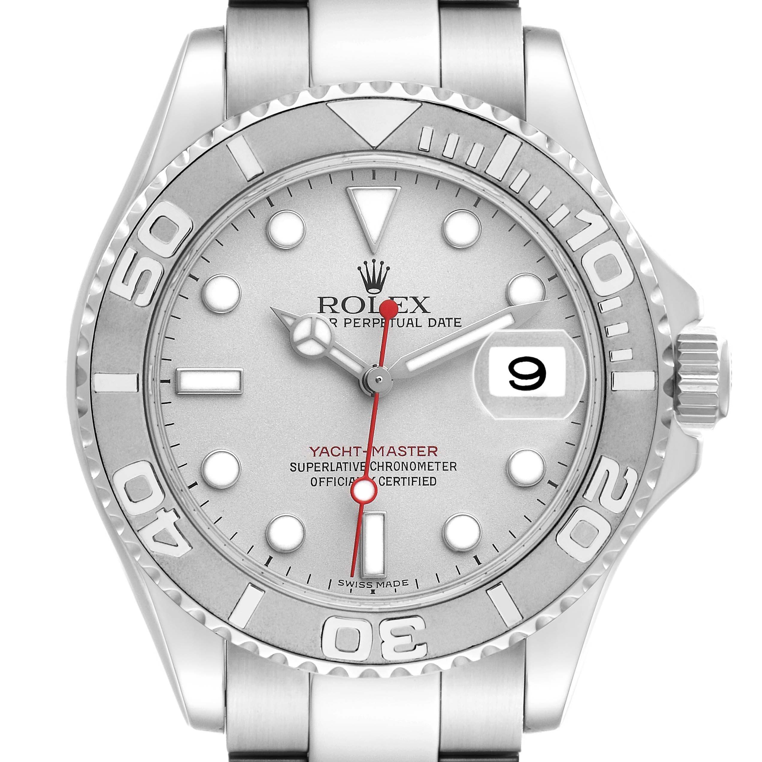 The image shows a front view of the Rolex Yacht-Master 16622 Men's Stainless Steel Silver Dial, highlighting its dial, bezel, and bracelet details.