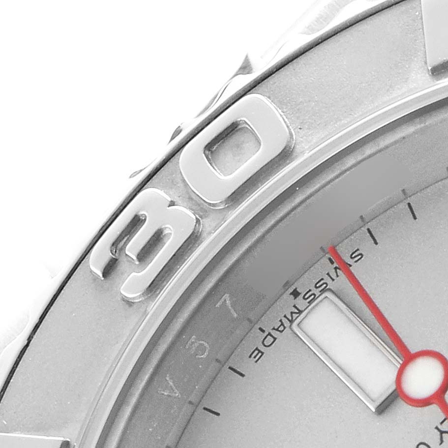 The image shows a close-up of the Rolex Yacht-Master 16622 Men's Stainless Steel Silver Dial bezel and part of the dial, highlighting the "30" marker and minute hand.