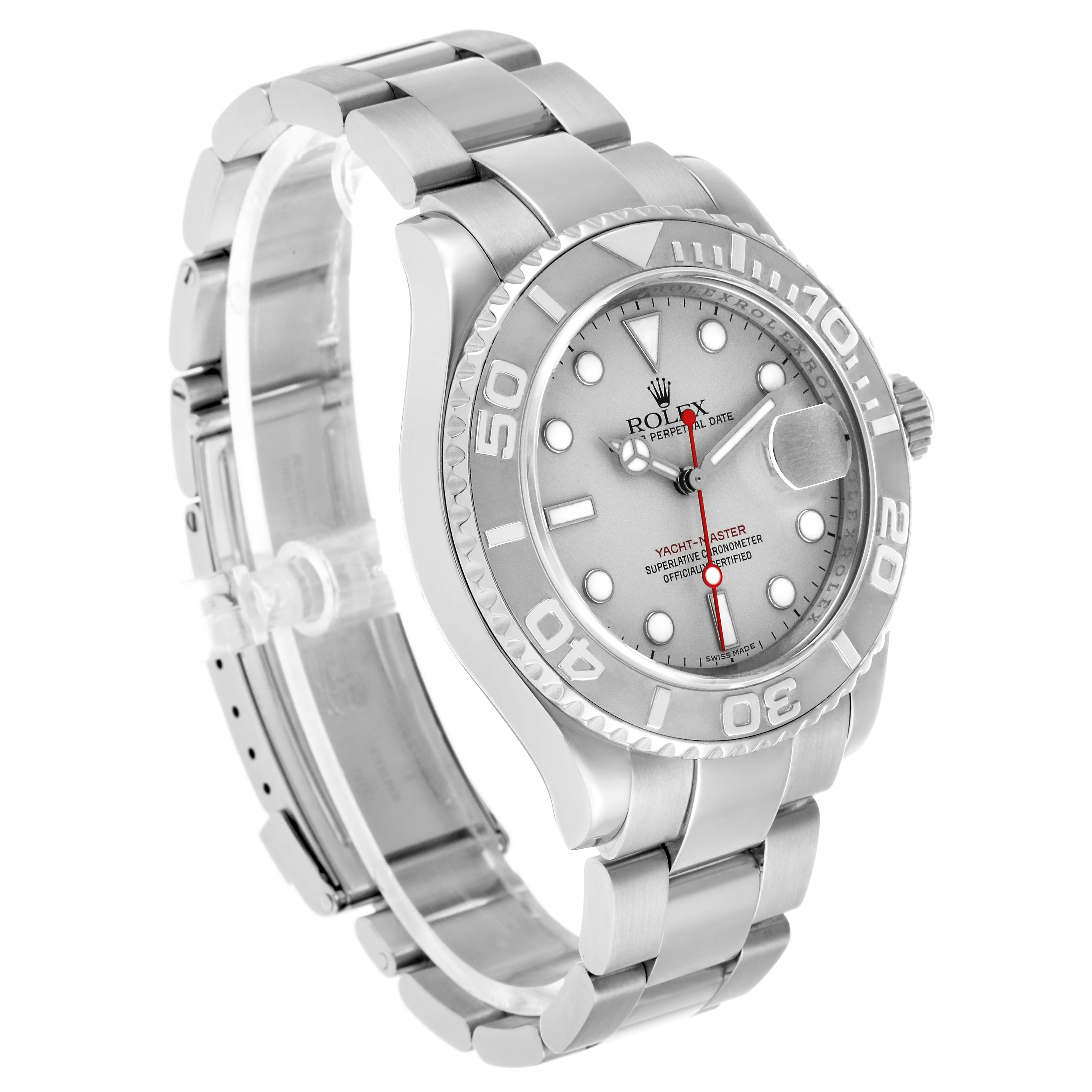 The Rolex Yacht-Master 16622 Men's Stainless Steel Silver Dial watch is shown at an oblique angle, highlighting the bezel, dial, and bracelet.