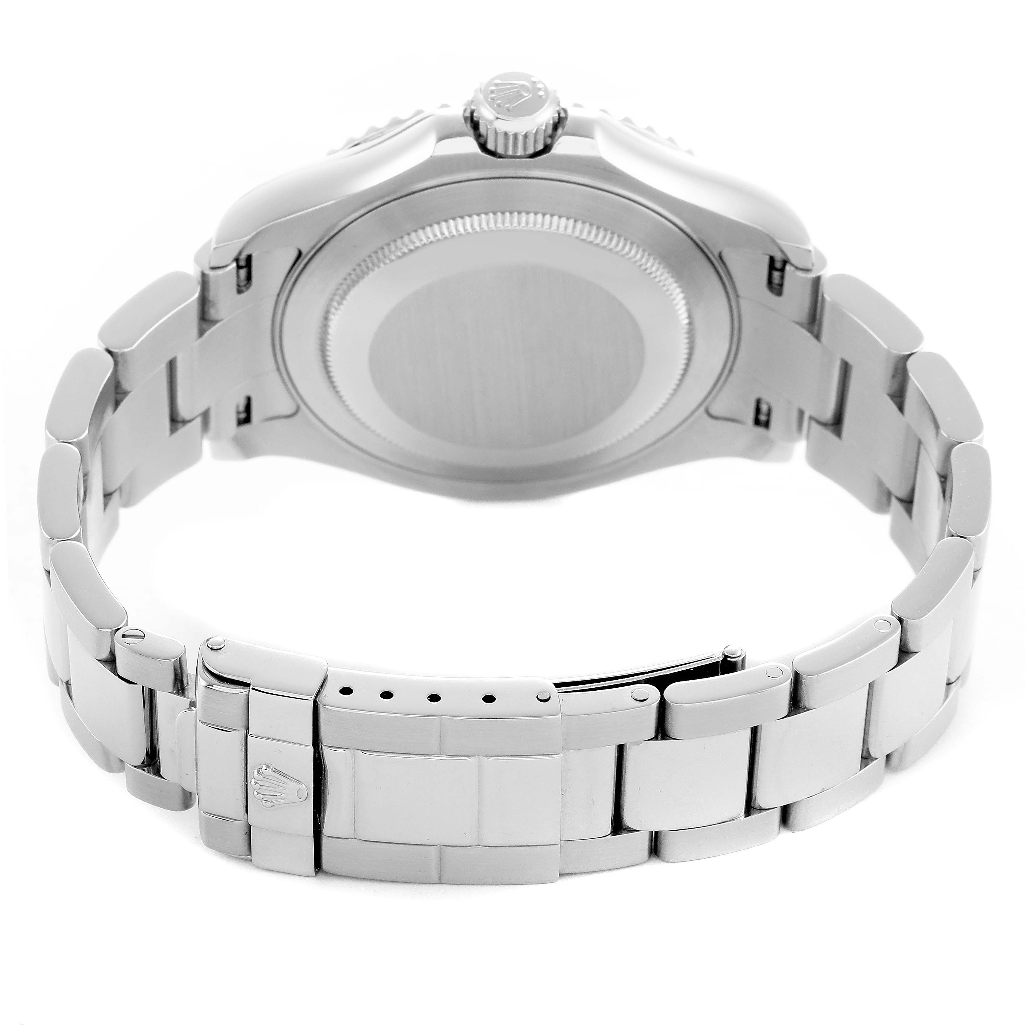 The Rolex Yacht-Master 16622 Men's Stainless Steel Silver Dial watch is shown from the back, highlighting the case, bracelet, and clasp.