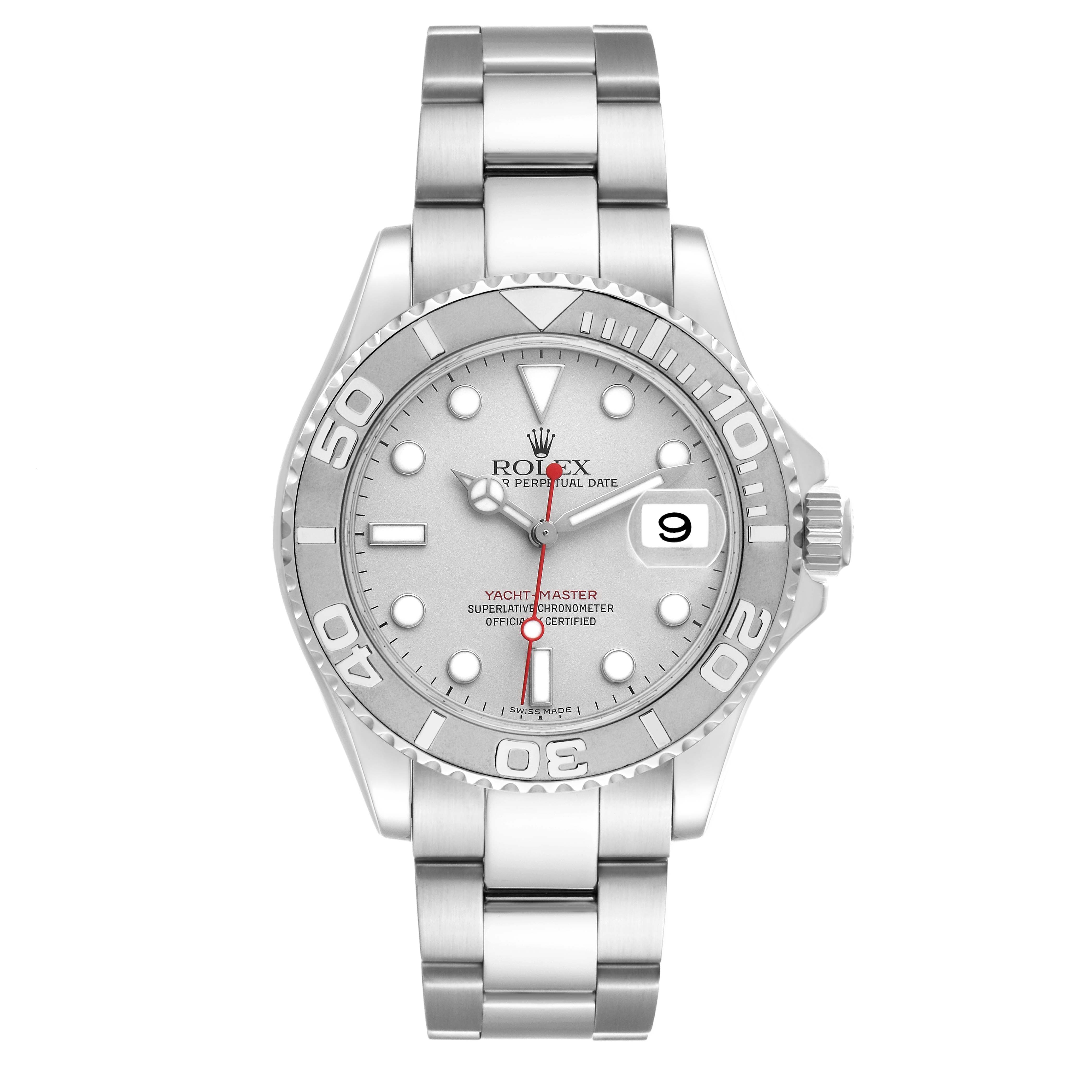 The Rolex Yacht-Master 16622 Men's Stainless Steel Silver Dial watch is shown from the front, displaying the face, bezel, case, crown, and bracelet.