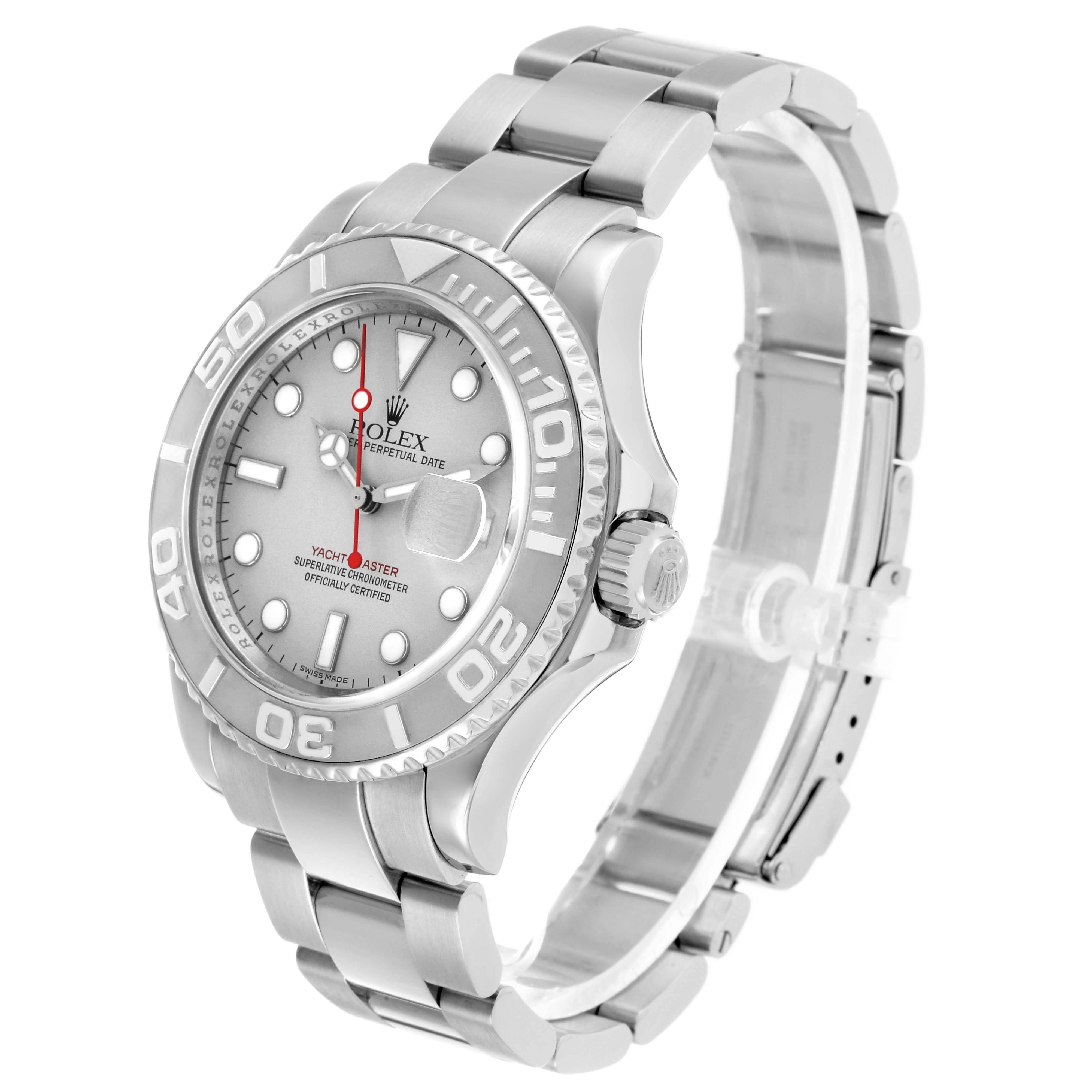 The Rolex Yacht-Master 16622 Men's Stainless Steel Silver Dial watch is shown from a three-quarter angle, displaying the face, bezel, crown, and bracelet.