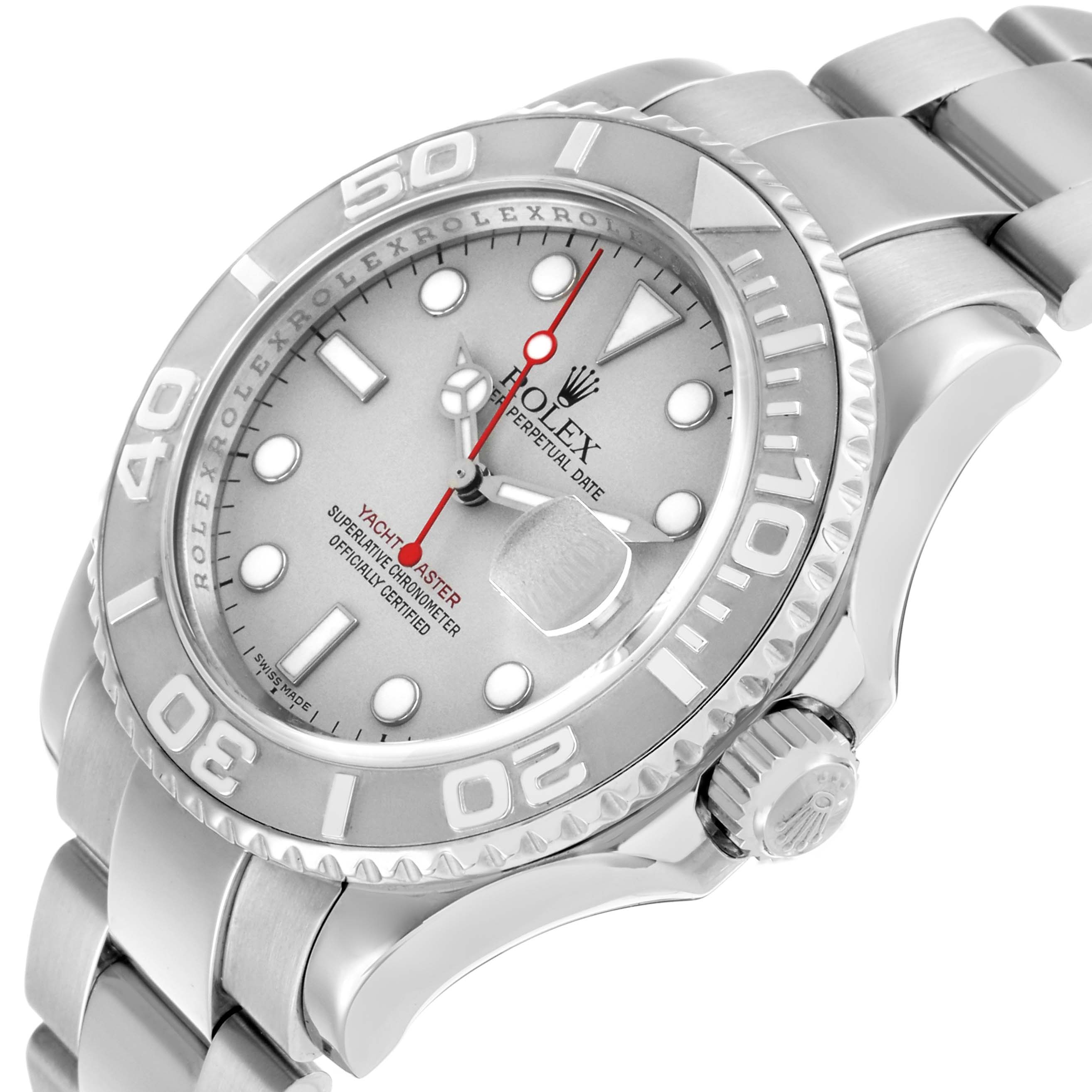 The Rolex Yacht-Master 16622 Men's Stainless Steel Silver Dial is shown at an angled view highlighting the bezel, dial, crown, and bracelet.