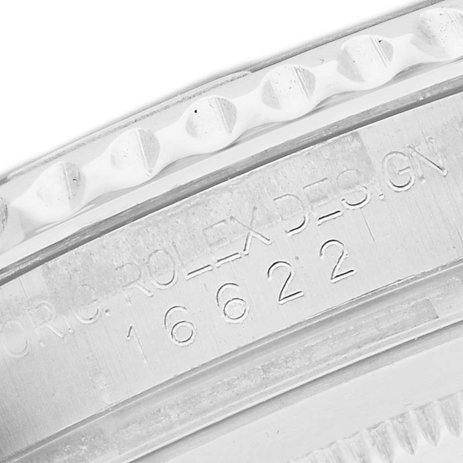 The image shows a close-up of the side profile of a Rolex Yacht-Master 16622 Men's Stainless Steel Silver Dial watch, focusing on its bezel and engraved reference number.