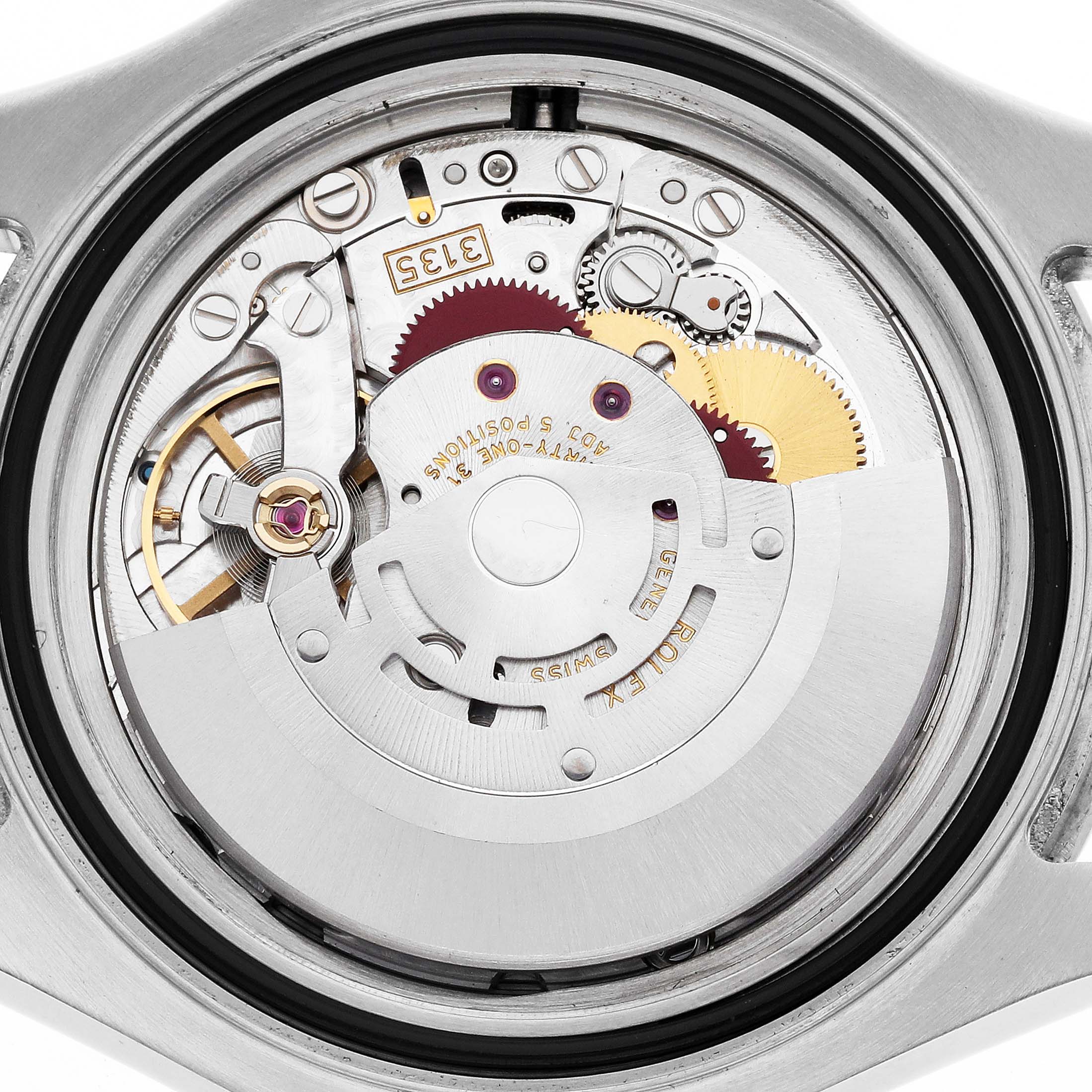 The image shows the movement mechanism of a Rolex Yacht-Master 16622 Men's Stainless Steel Silver Dial watch from a rear angle.