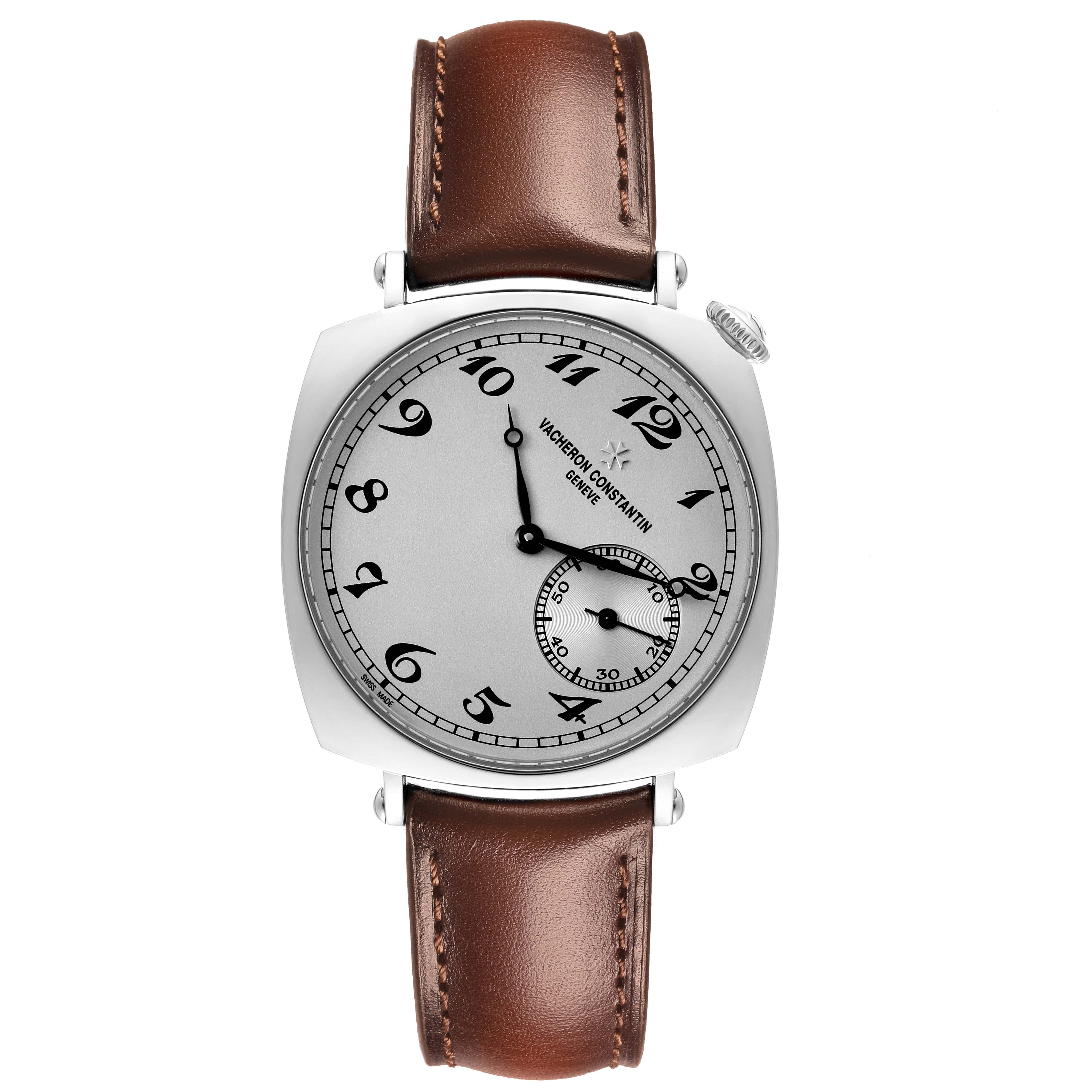 The Vacheron Constantin Historiques 1100S/000G-B734 Men's White Gold Silver Dial 1100S/000G-B734 Men's White Gold Silver Dial watch is shown from the front, displaying its dial, brown leather strap, and case.
