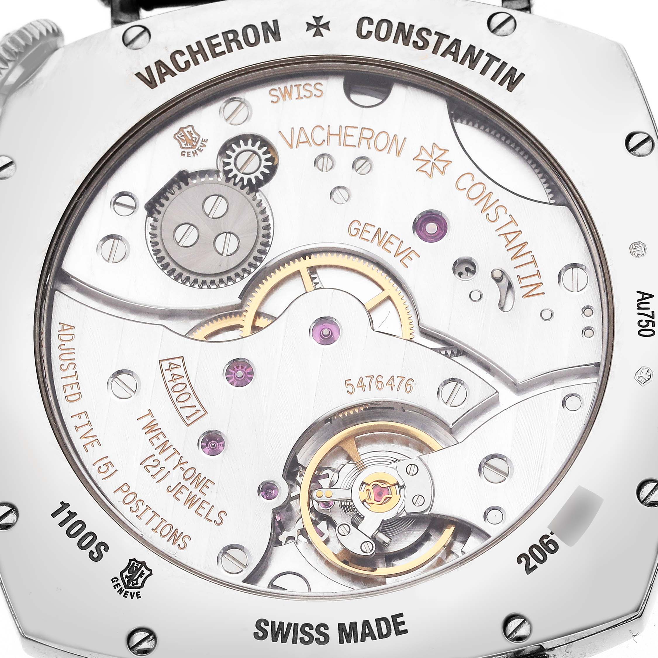 The image shows the back view of the Vacheron Constantin Historiques 1100S/000G-B734 Men's White Gold Silver Dial 1100S/000G-B734 Men's White Gold Silver Dial watch, displaying its intricate mechanical movement.