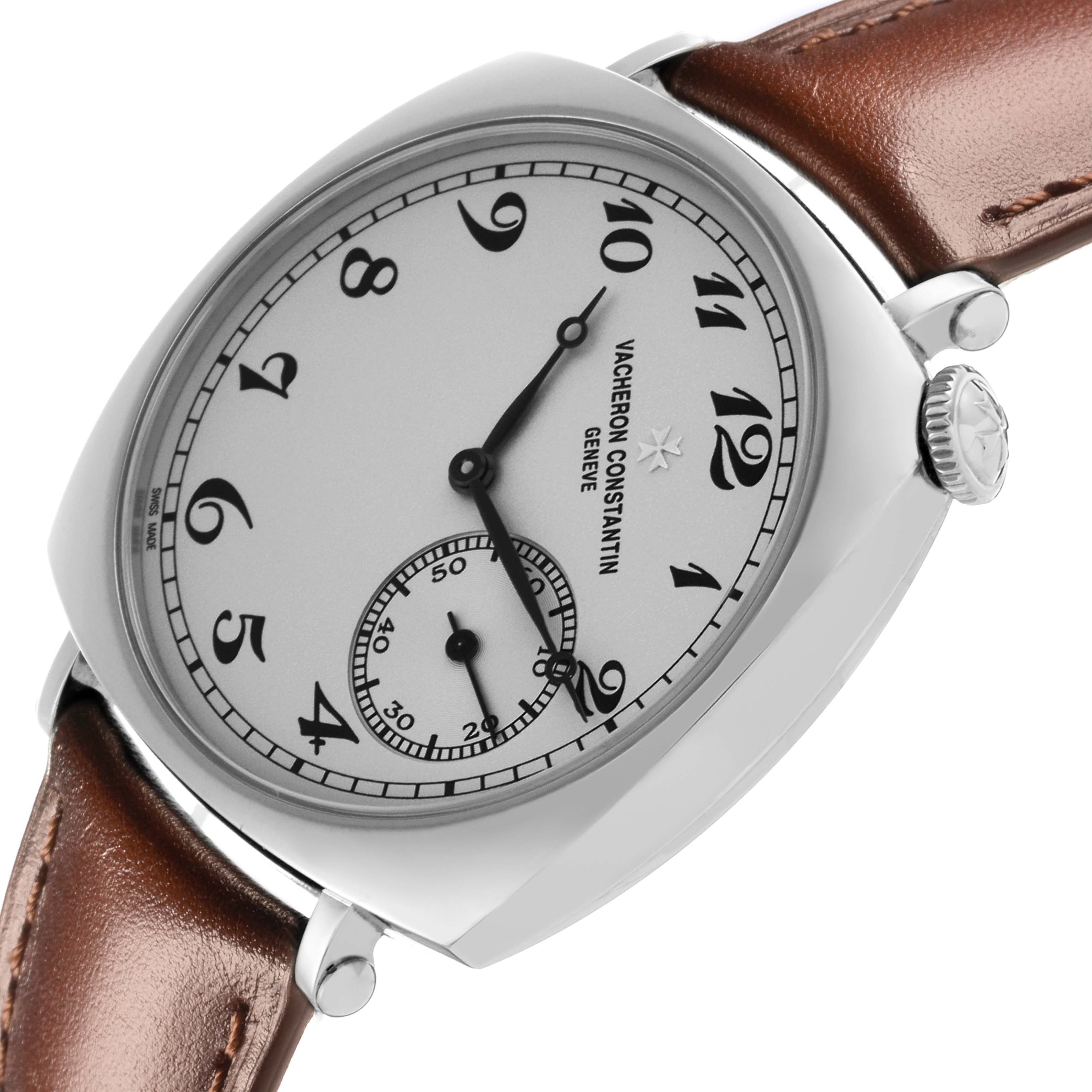 The Vacheron Constantin Historiques 1100S/000G-B734 Men's White Gold Silver Dial 1100S/000G-B734 Men's White Gold Silver Dial watch is shown at a tilted angle, highlighting the dial, case, and crown with a leather strap.