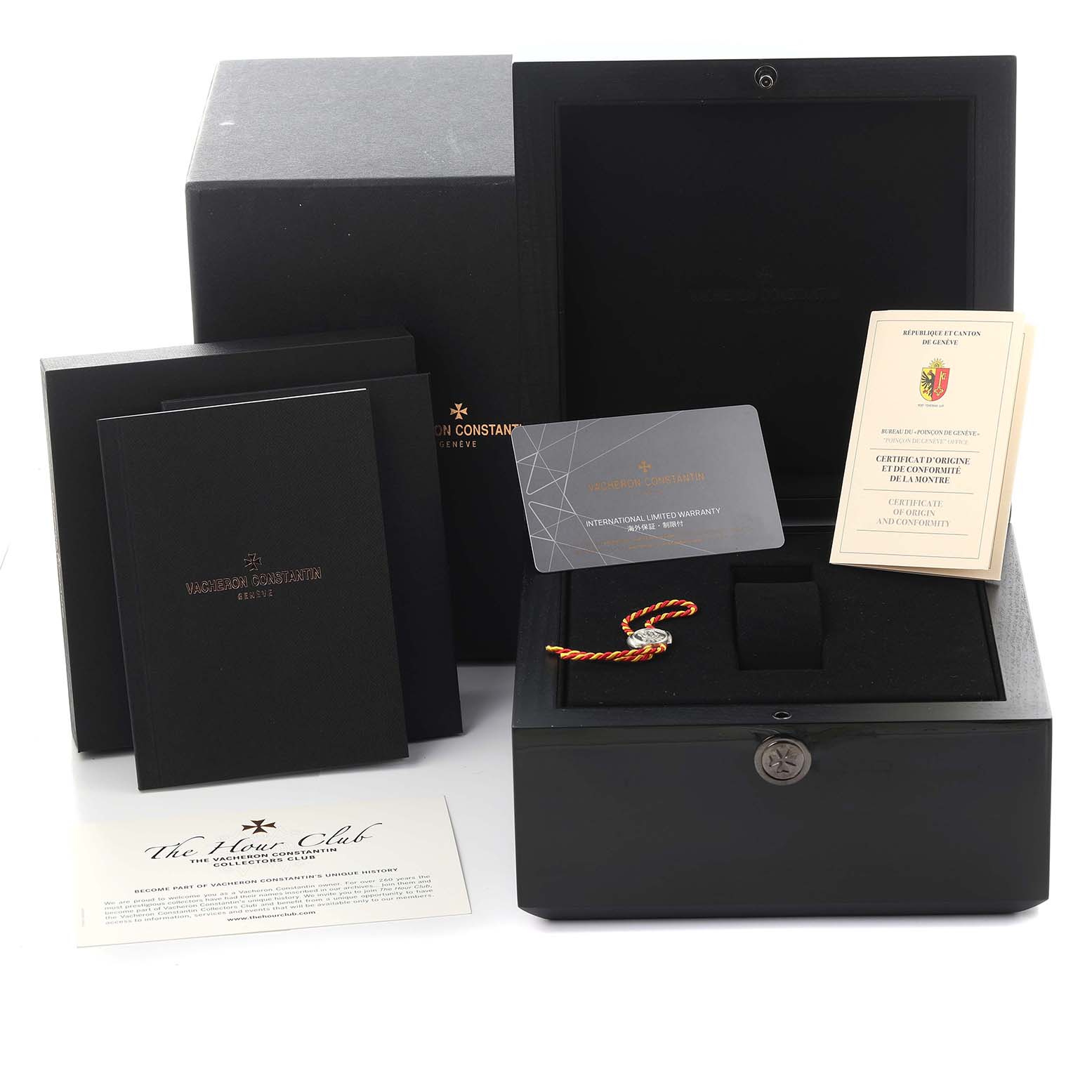 The image shows the packaging and documentation for a Vacheron Constantin Historiques 1100S/000G-B734 Men's White Gold Silver Dial 1100S/000G-B734 Men's White Gold Silver Dial watch, including a box, booklets, and a warranty card.
