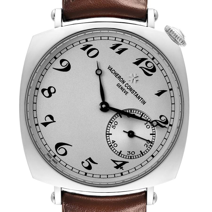 The Vacheron Constantin Historiques watch is shown from a direct angle, highlighting the dial, numerals, hands, and leather strap.