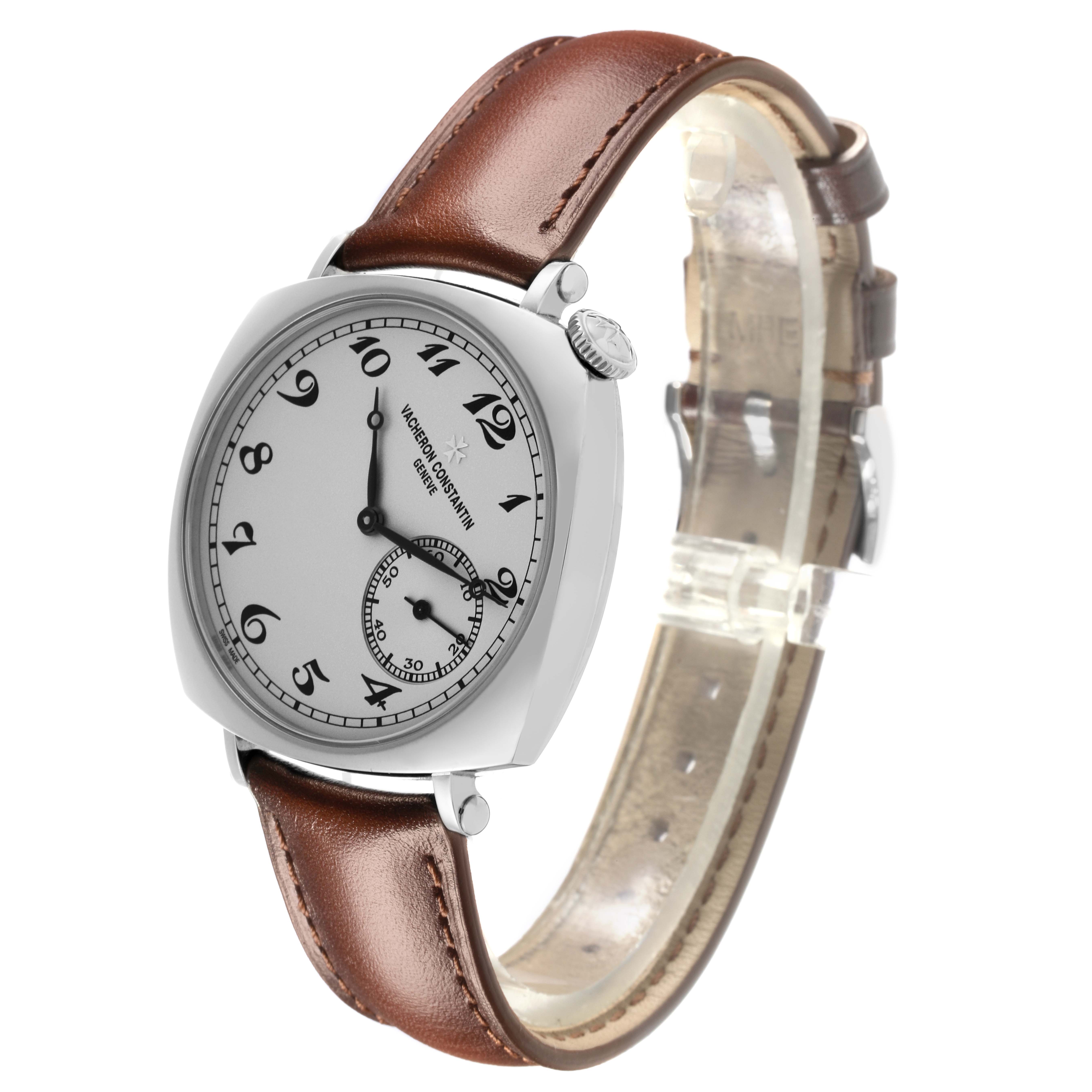 The Vacheron Constantin Historiques 1100S/000G-B734 Men's White Gold Silver Dial 1100S/000G-B734 Men's White Gold Silver Dial watch is shown at a three-quarter angle, highlighting the dial, crown, and brown leather strap.