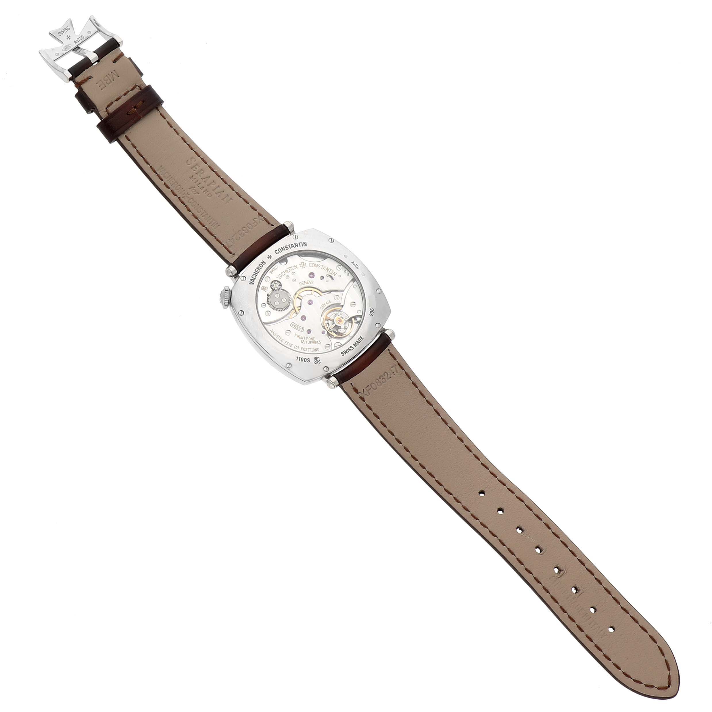 The Vacheron Constantin Historiques 1100S/000G-B734 Men's White Gold Silver Dial 1100S/000G-B734 Men's White Gold Silver Dial watch is shown from the back, displaying the open movement and leather strap.