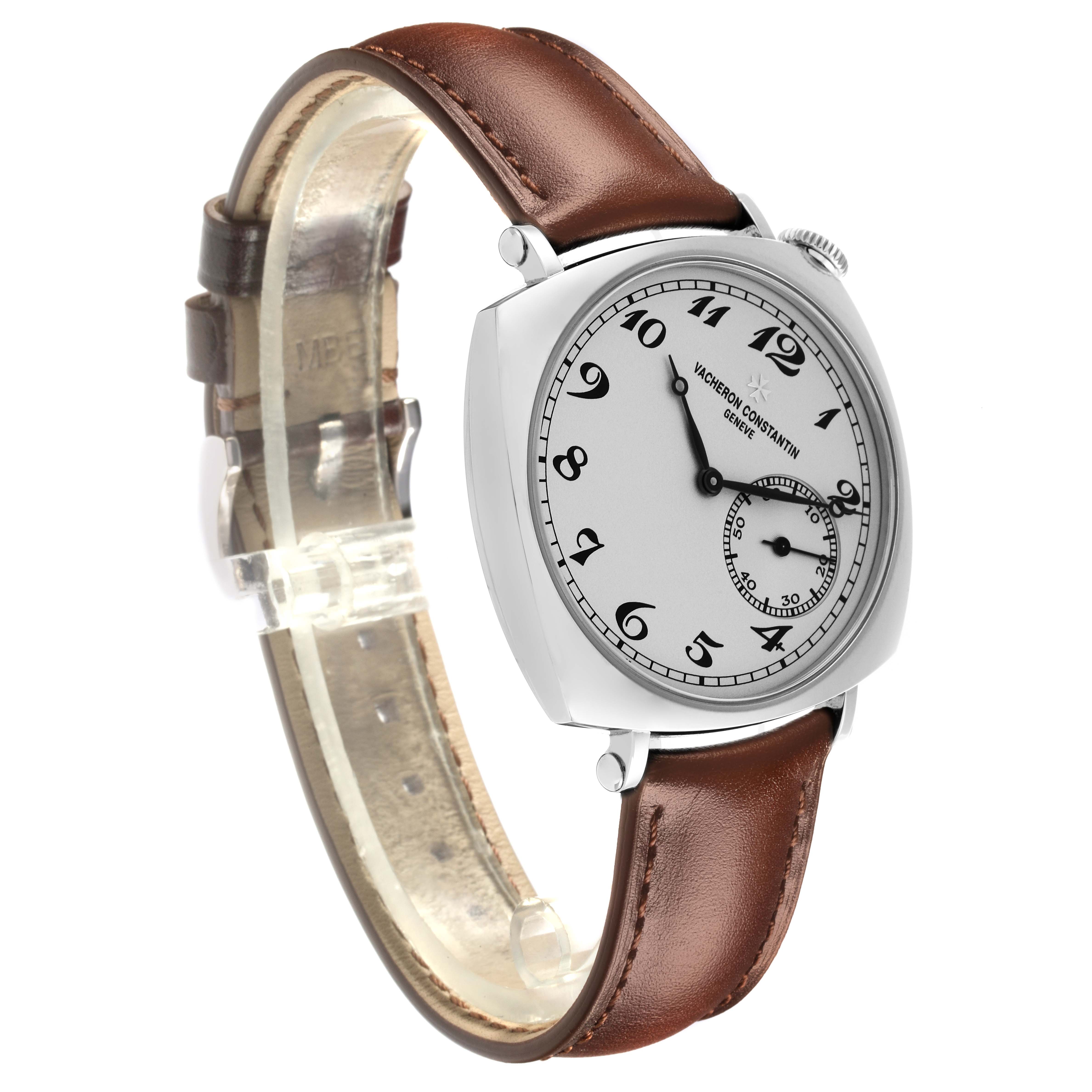 The Vacheron Constantin Historiques 1100S/000G-B734 Men's White Gold Silver Dial 1100S/000G-B734 Men's White Gold Silver Dial watch is shown from a side angle, displaying its case, dial, crown, and leather strap.