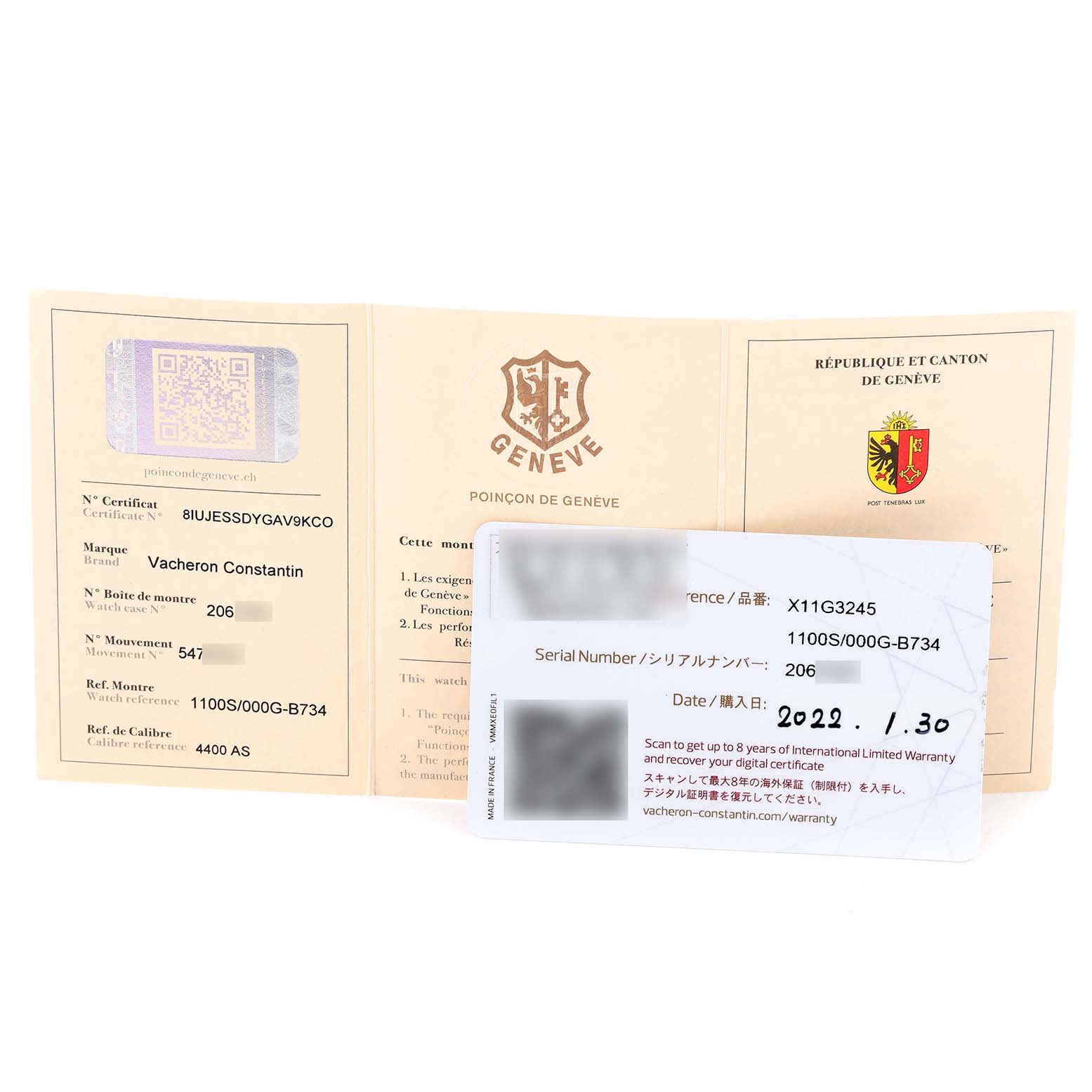 The image shows the certification and warranty card of a Vacheron Constantin Historiques 1100S/000G-B734 Men's White Gold Silver Dial 1100S/000G-B734 Men's White Gold Silver Dial watch.