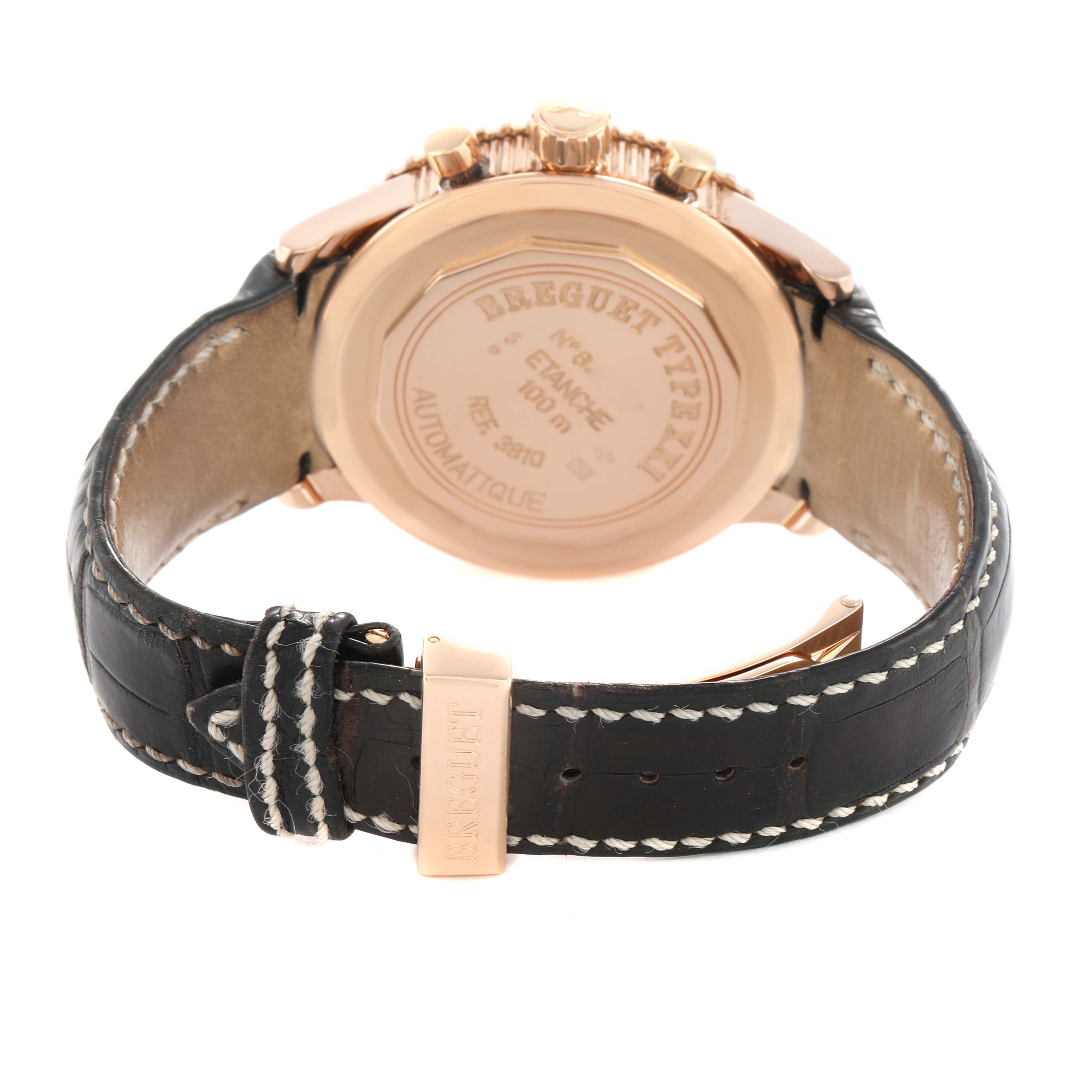 The image shows the back of a Breguet Type XX - XXI - XXII 3810BR/92/9ZU Men's Rose Gold Grey Dial watch, highlighting the case back and leather strap with stitching.
