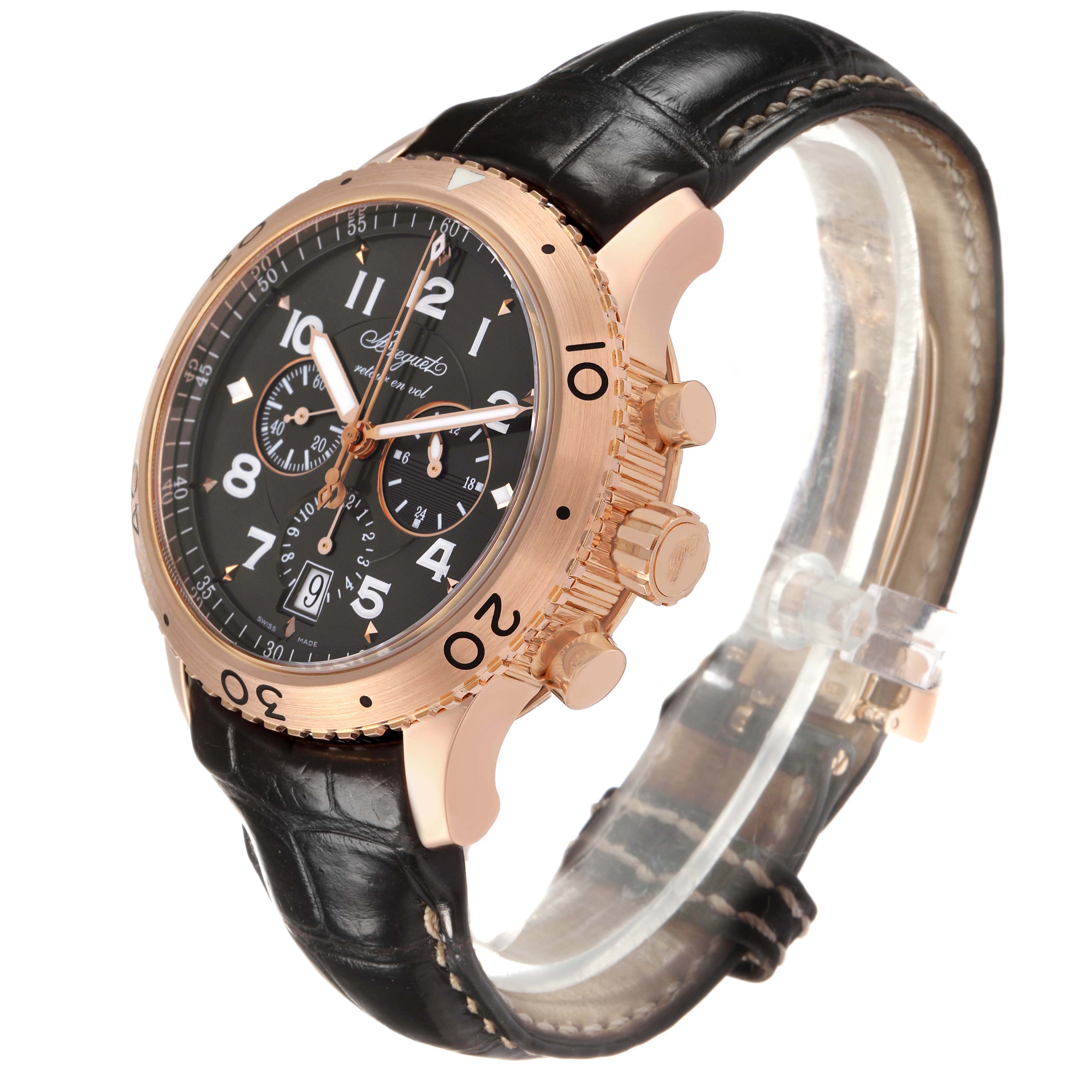 The Breguet Type XX - XXI - XXII 3810BR/92/9ZU Men's Rose Gold Grey Dial watch is shown at a three-quarter angle, featuring the dial, bezel, and crown.