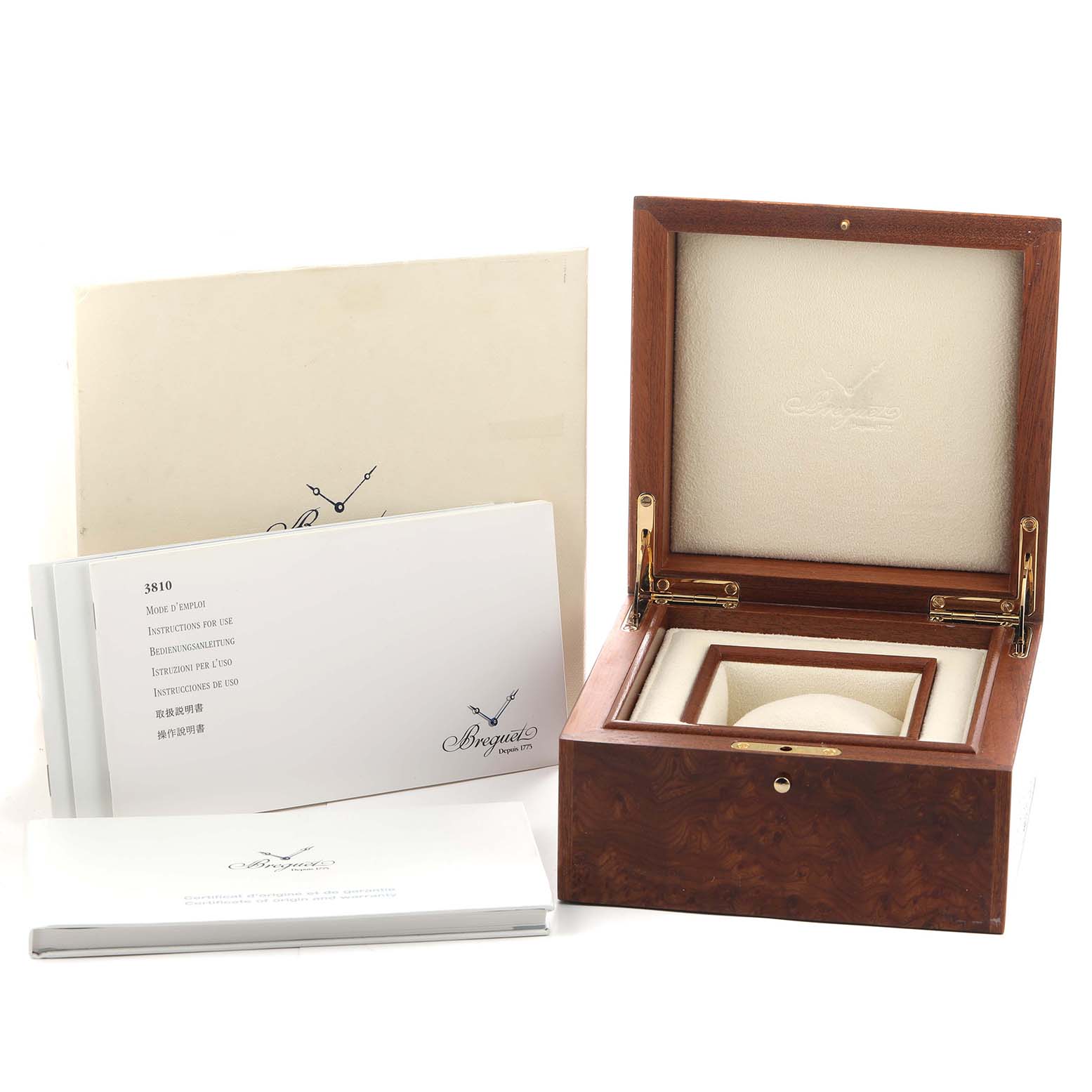 The image shows a Breguet Type XX - XXI - XXII 3810BR/92/9ZU Men's Rose Gold Grey Dial watch box with open lid, and several instruction booklets.