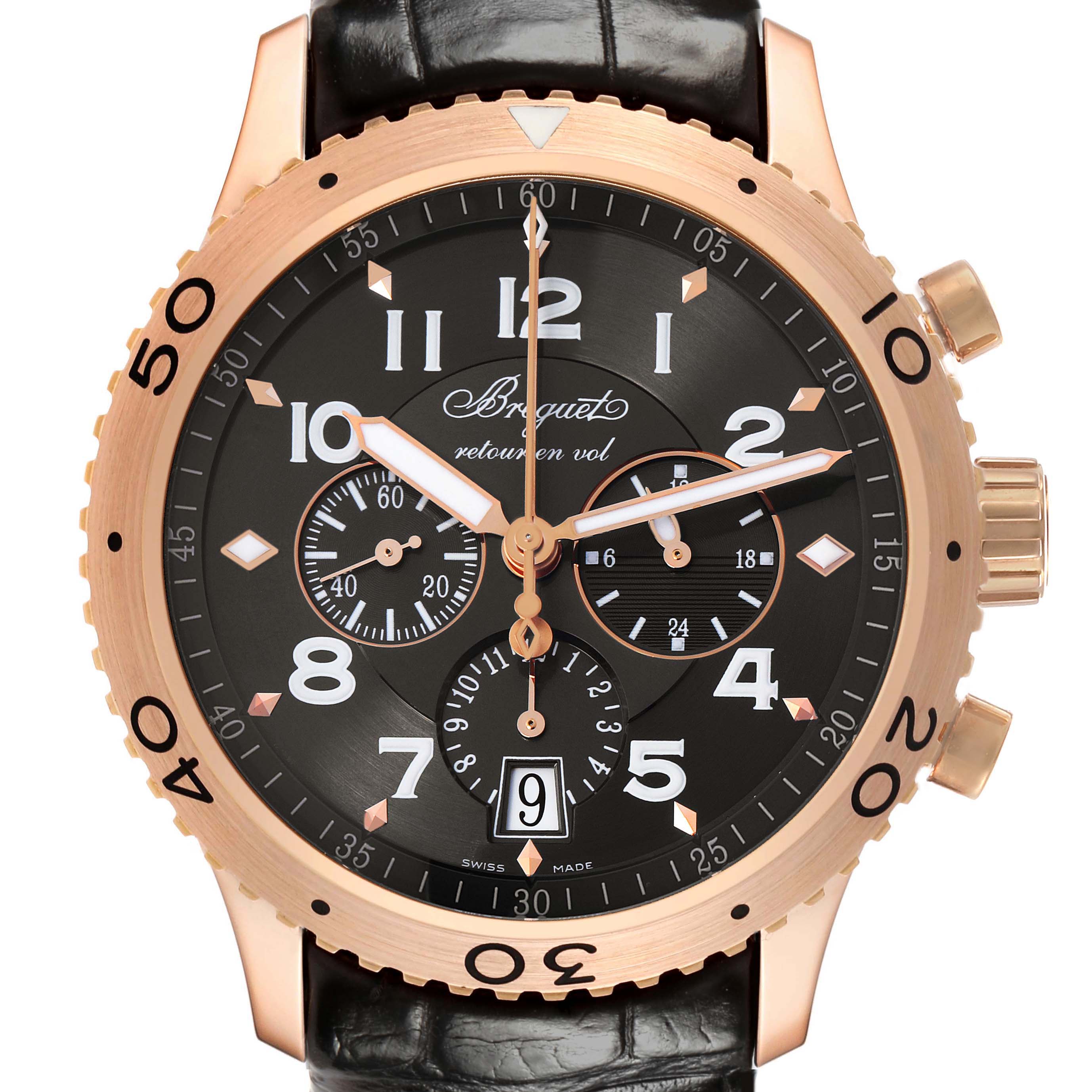 The Breguet Type XX - XXI - XXII 3810BR/92/9ZU Men's Rose Gold Grey Dial watch is shown from the front, displaying the dial, bezel, and part of the strap.