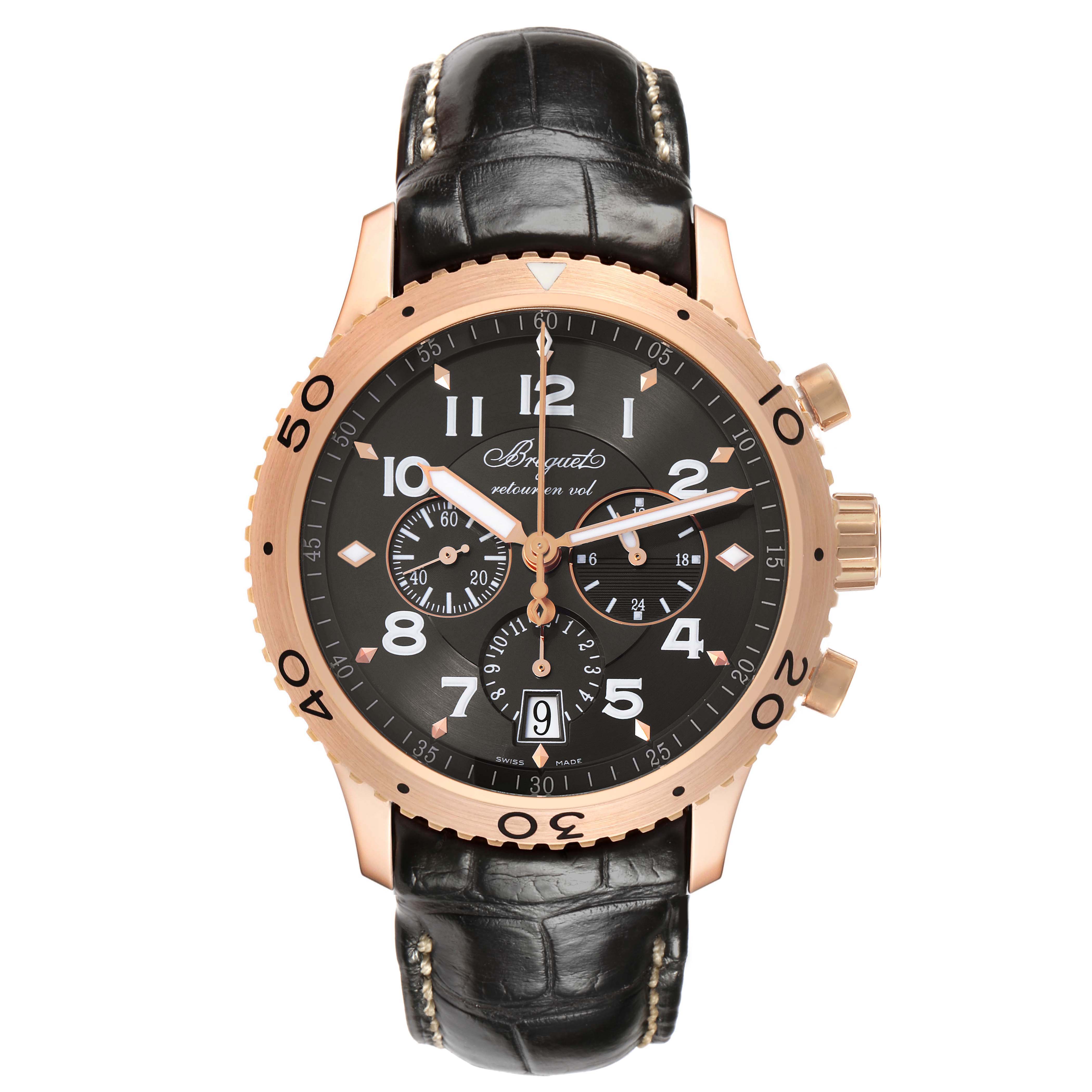 The Breguet Type XX - XXI - XXII 3810BR/92/9ZU Men's Rose Gold Grey Dial watch is shown from a front angle, highlighting its dial, bezel, and leather strap.