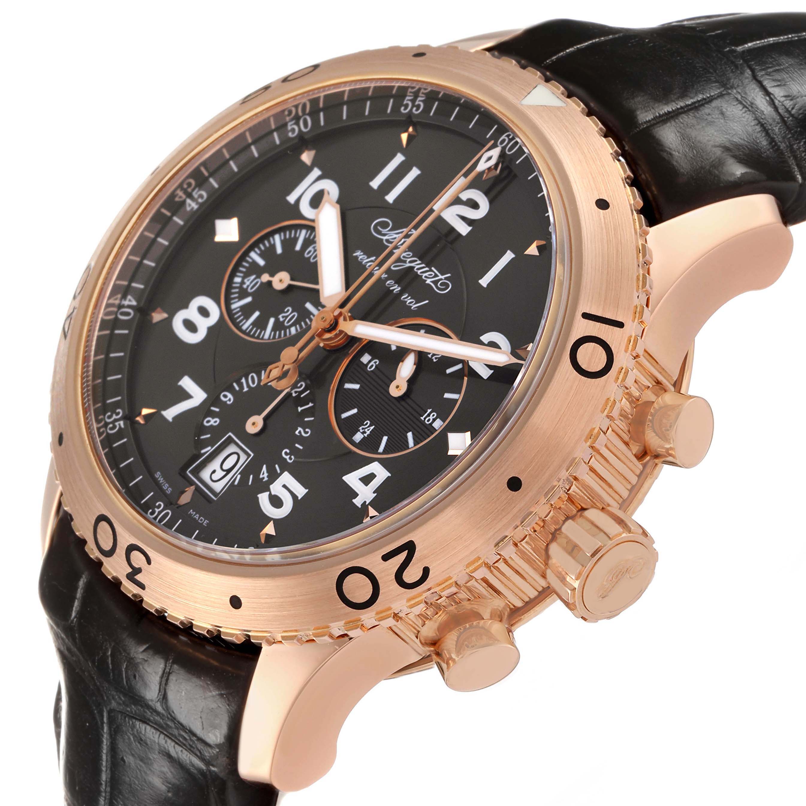 The Breguet Type XX model is shown at a three-quarter angle, displaying the black dial, crown, pushers, and leather strap.