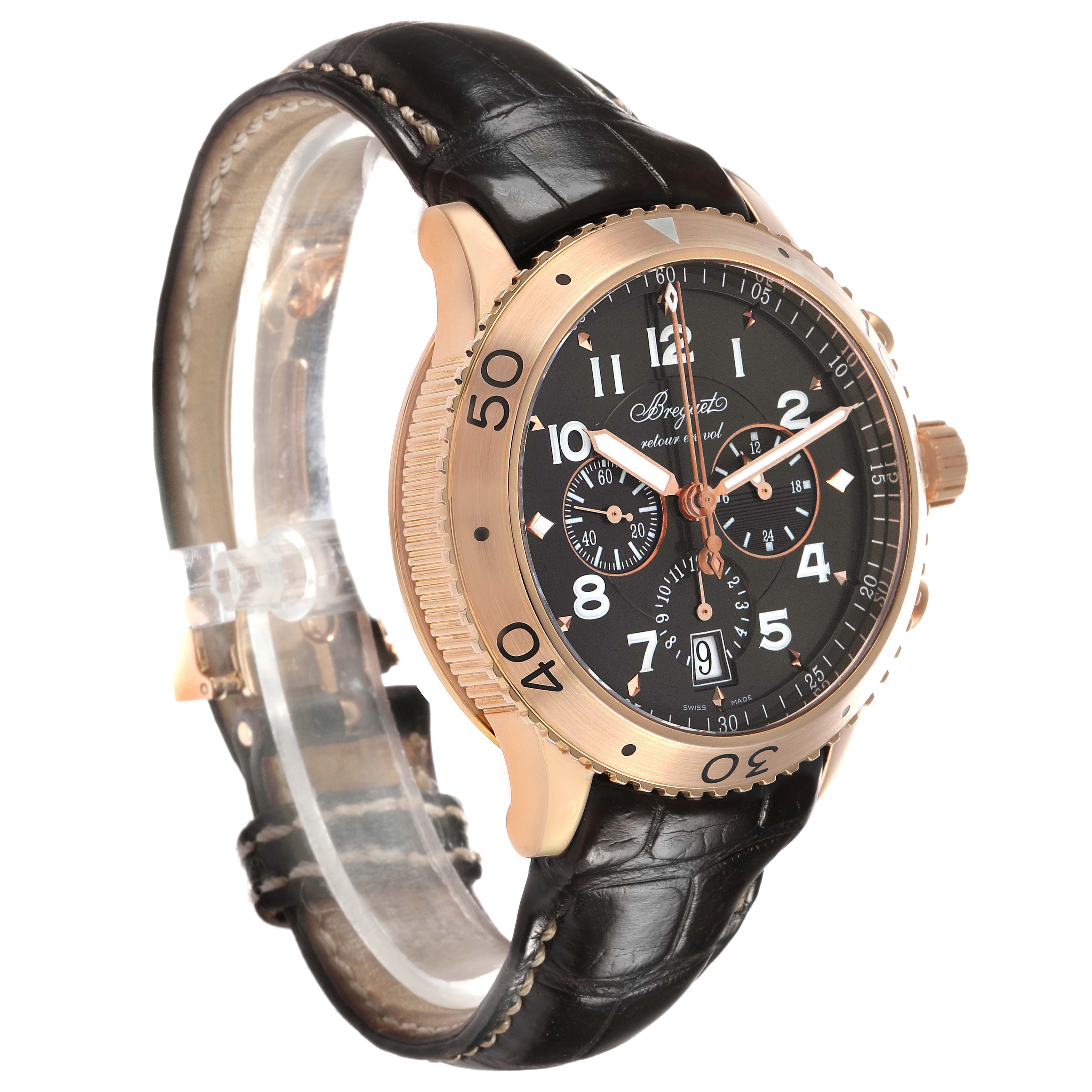 The image shows a Breguet Type XX - XXI - XXII 3810BR/92/9ZU Men's Rose Gold Grey Dial watch at a slight side angle, displaying the bezel, dial, and leather strap.
