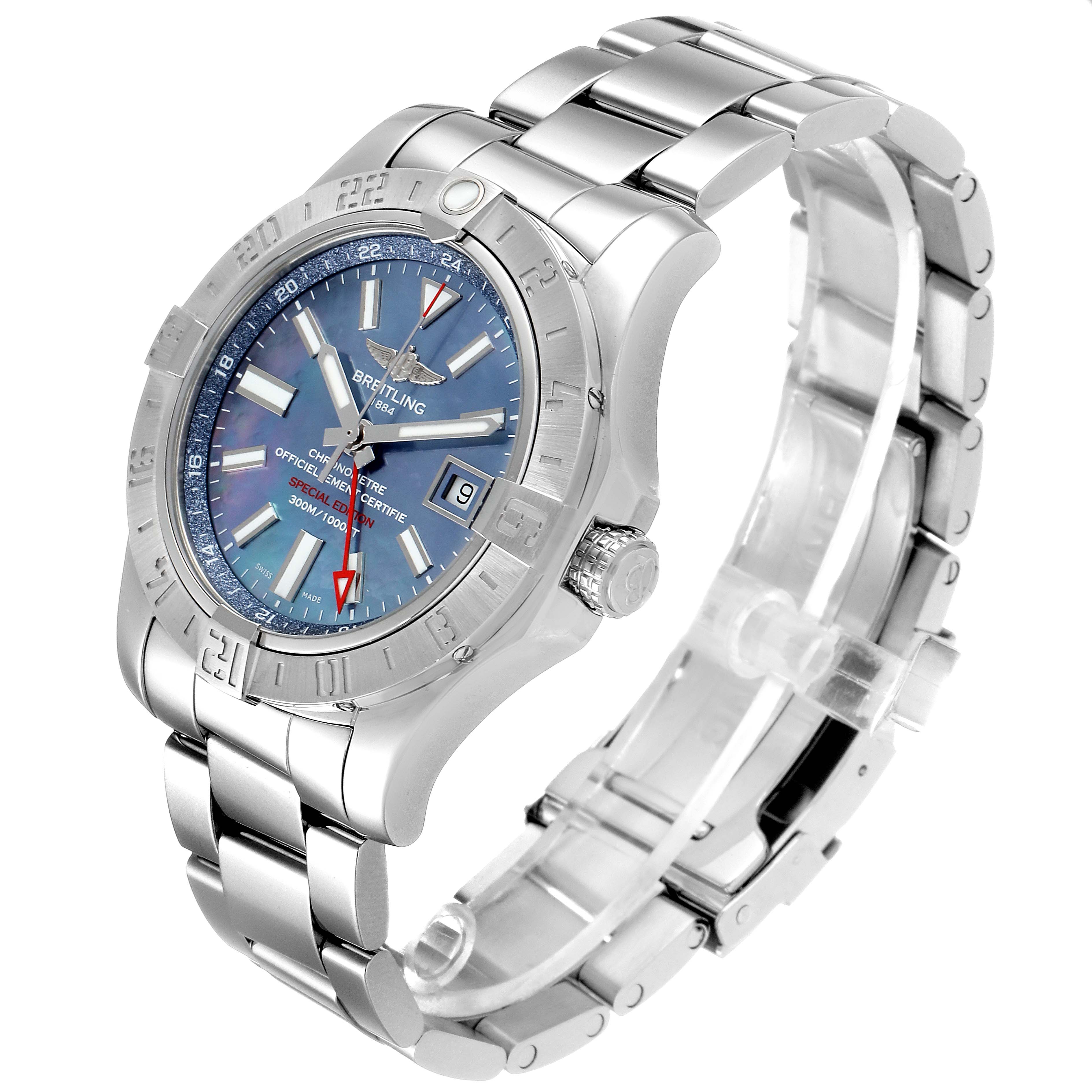 The image shows a side angle of the Breitling Avenger A3239011-C872-170A Men's Stainless Steel Mother of Pearl Dial A3239011-C872-170A Men's Stainless Steel Mother of Pearl Dial watch, highlighting the face, bezel, crown, and stainless steel bracelet.