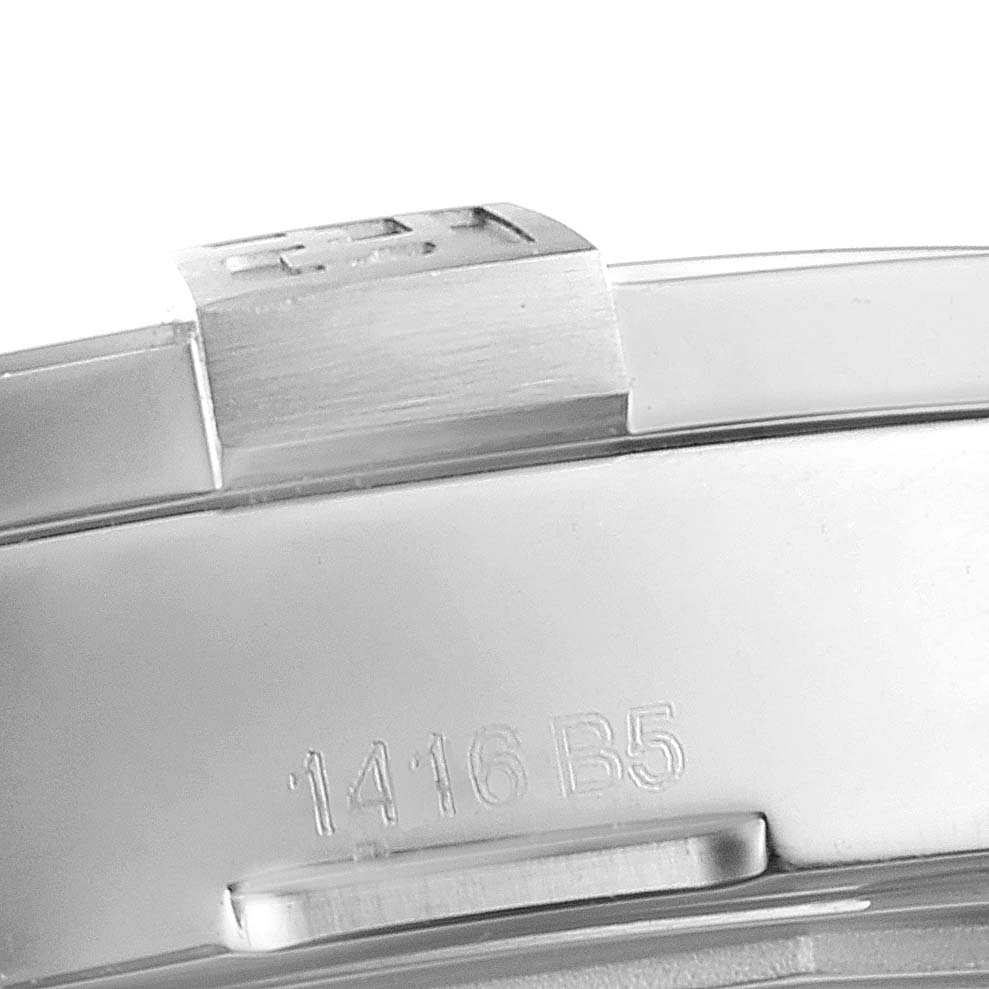 This close-up image shows the side view of the clasp and the engraved serial number on the strap of a Breitling Avenger A3239011-C872-170A Men's Stainless Steel Mother of Pearl Dial A3239011-C872-170A Men's Stainless Steel Mother of Pearl Dial watch.