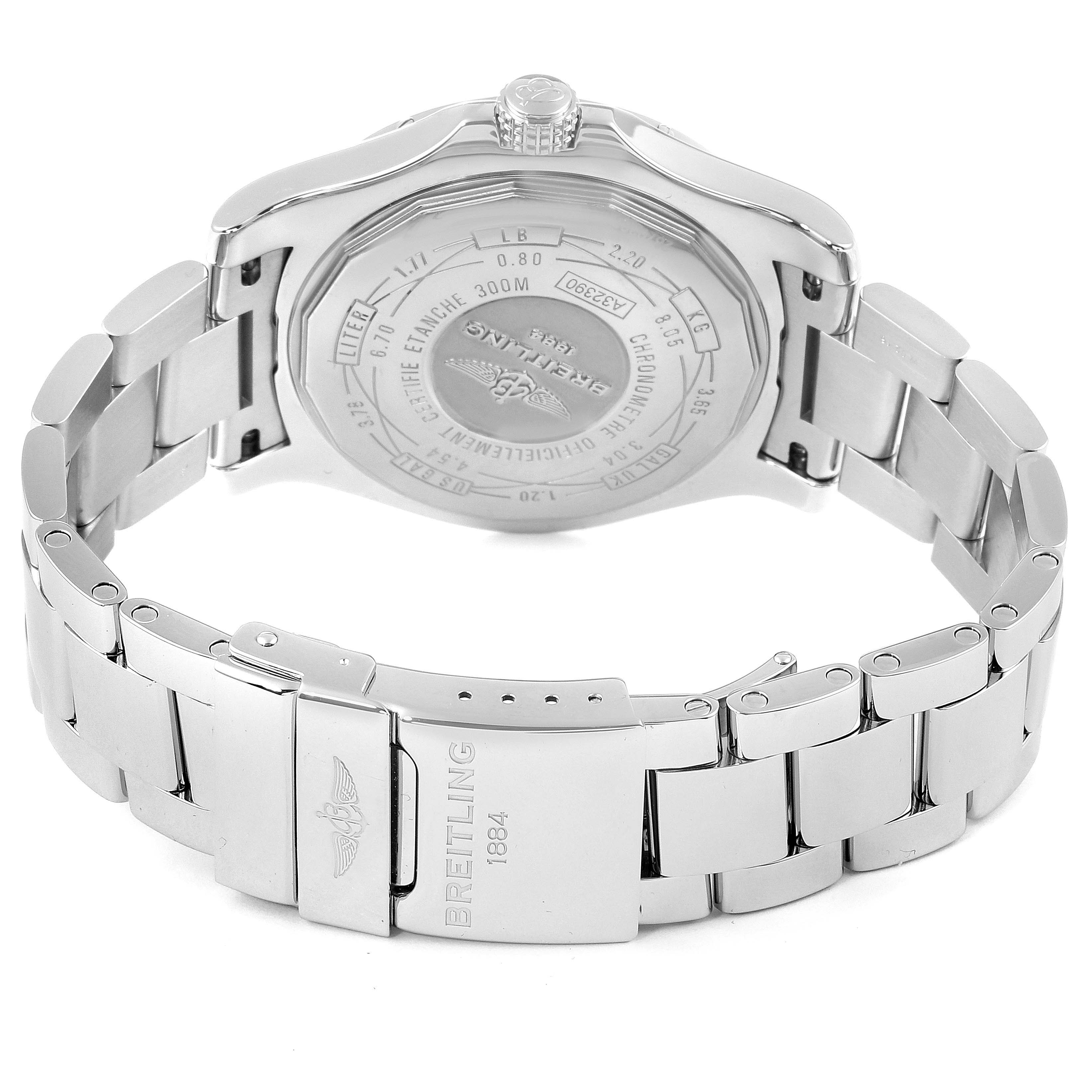 The image shows the back view of a Breitling Avenger A3239011-C872-170A Men's Stainless Steel Mother of Pearl Dial A3239011-C872-170A Men's Stainless Steel Mother of Pearl Dial watch, highlighting the case back and metal bracelet with clasp.