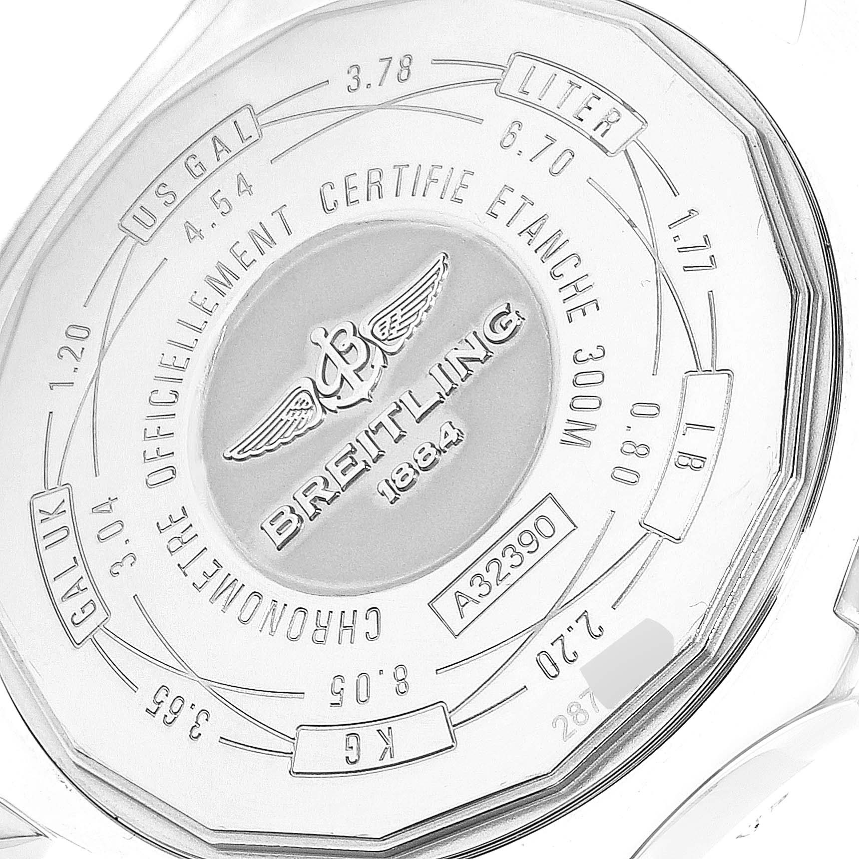 This image shows the back case of a Breitling Avenger A3239011-C872-170A Men's Stainless Steel Mother of Pearl Dial A3239011-C872-170A Men's Stainless Steel Mother of Pearl Dial watch from a close-up angle.