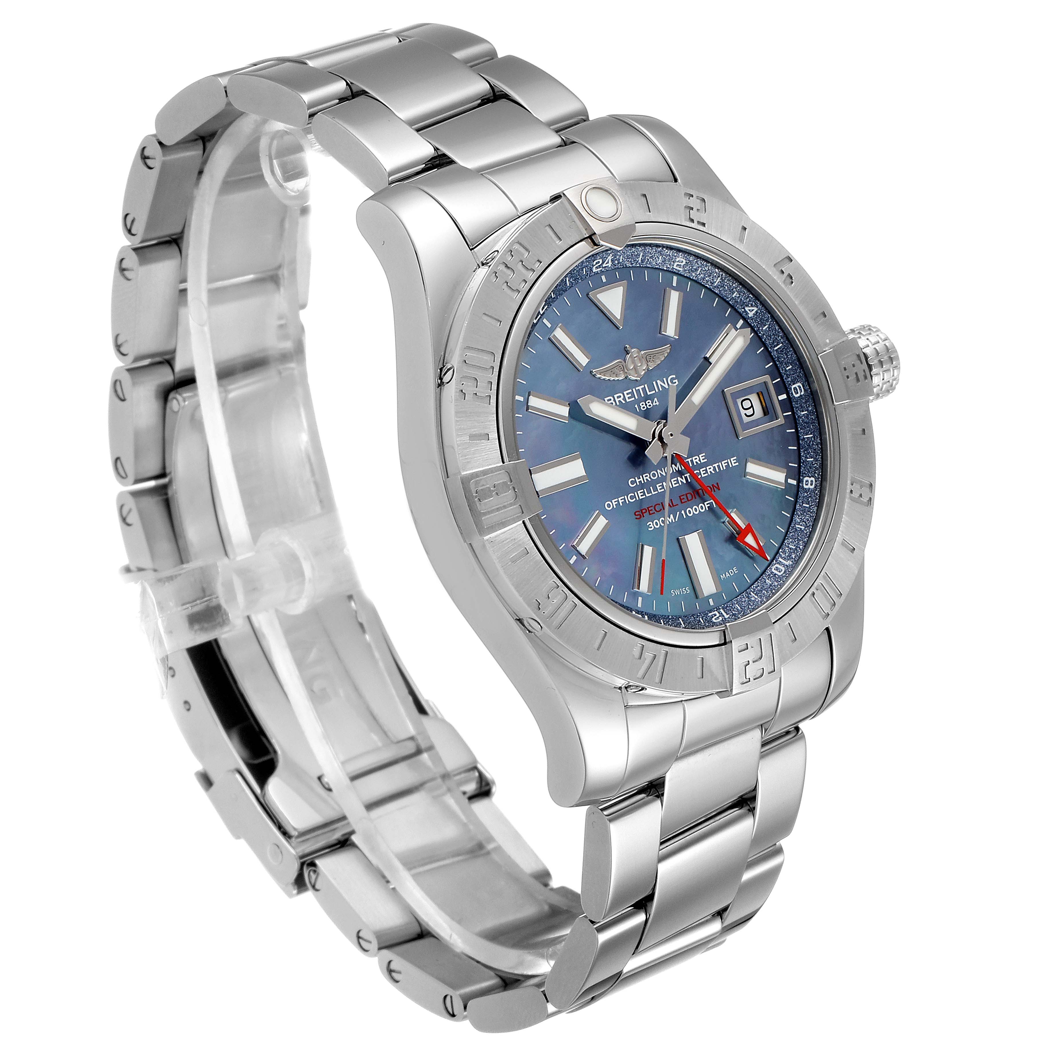 This image shows a side perspective of the Breitling Avenger A3239011-C872-170A Men's Stainless Steel Mother of Pearl Dial A3239011-C872-170A Men's Stainless Steel Mother of Pearl Dial watch, highlighting the face, bezel, crown, and the metal bracelet.