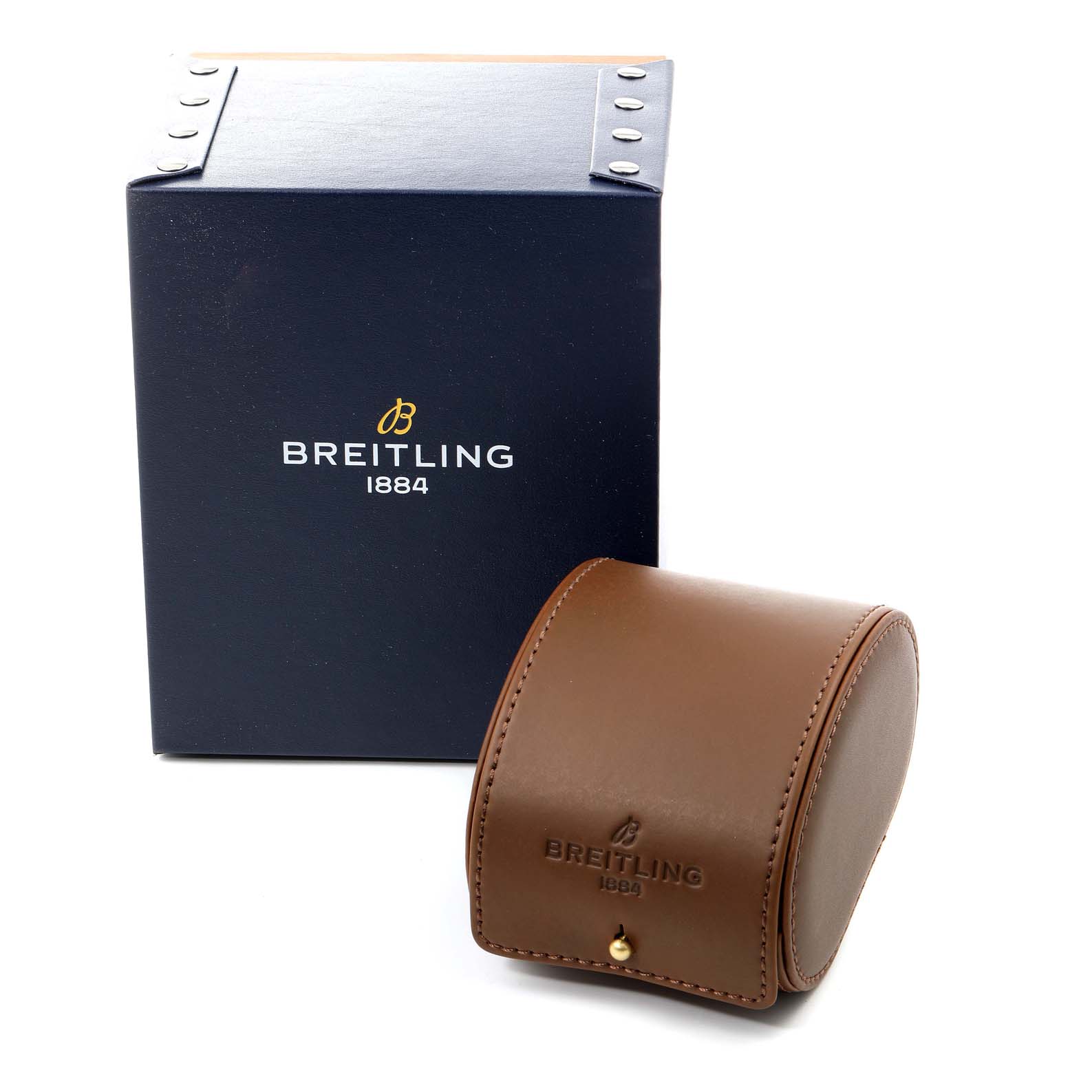 The image shows the packaging for a Breitling Avenger A3239011-C872-170A Men's Stainless Steel Mother of Pearl Dial A3239011-C872-170A Men's Stainless Steel Mother of Pearl Dial watch, including a navy box and a brown leather case.