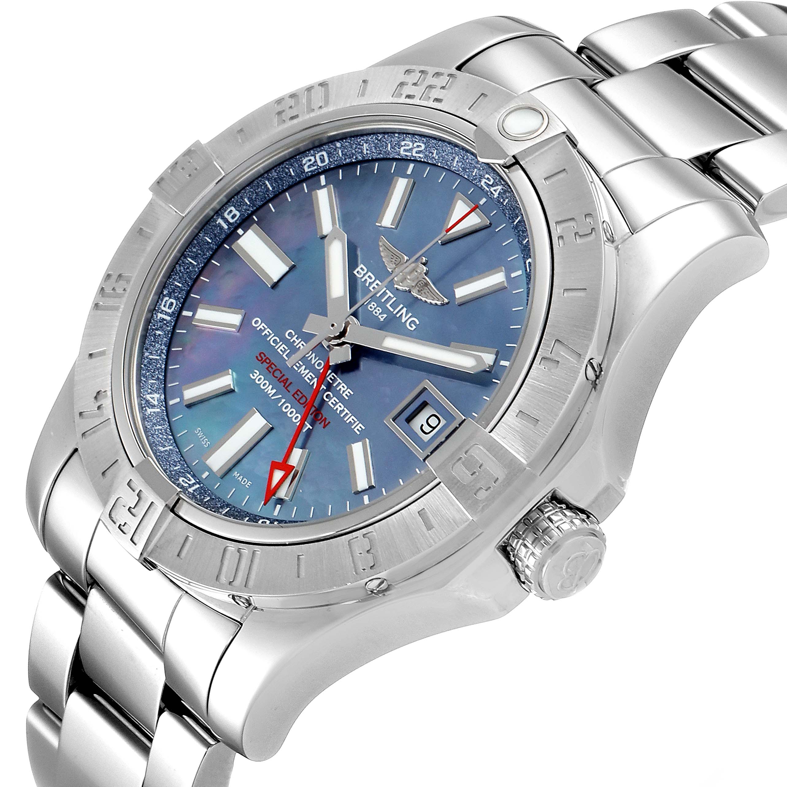 The image shows a high-angle close-up of the Breitling Avenger A3239011-C872-170A Men's Stainless Steel Mother of Pearl Dial A3239011-C872-170A Men's Stainless Steel Mother of Pearl Dial watch, highlighting its face, bezel, crown, and bracelet.