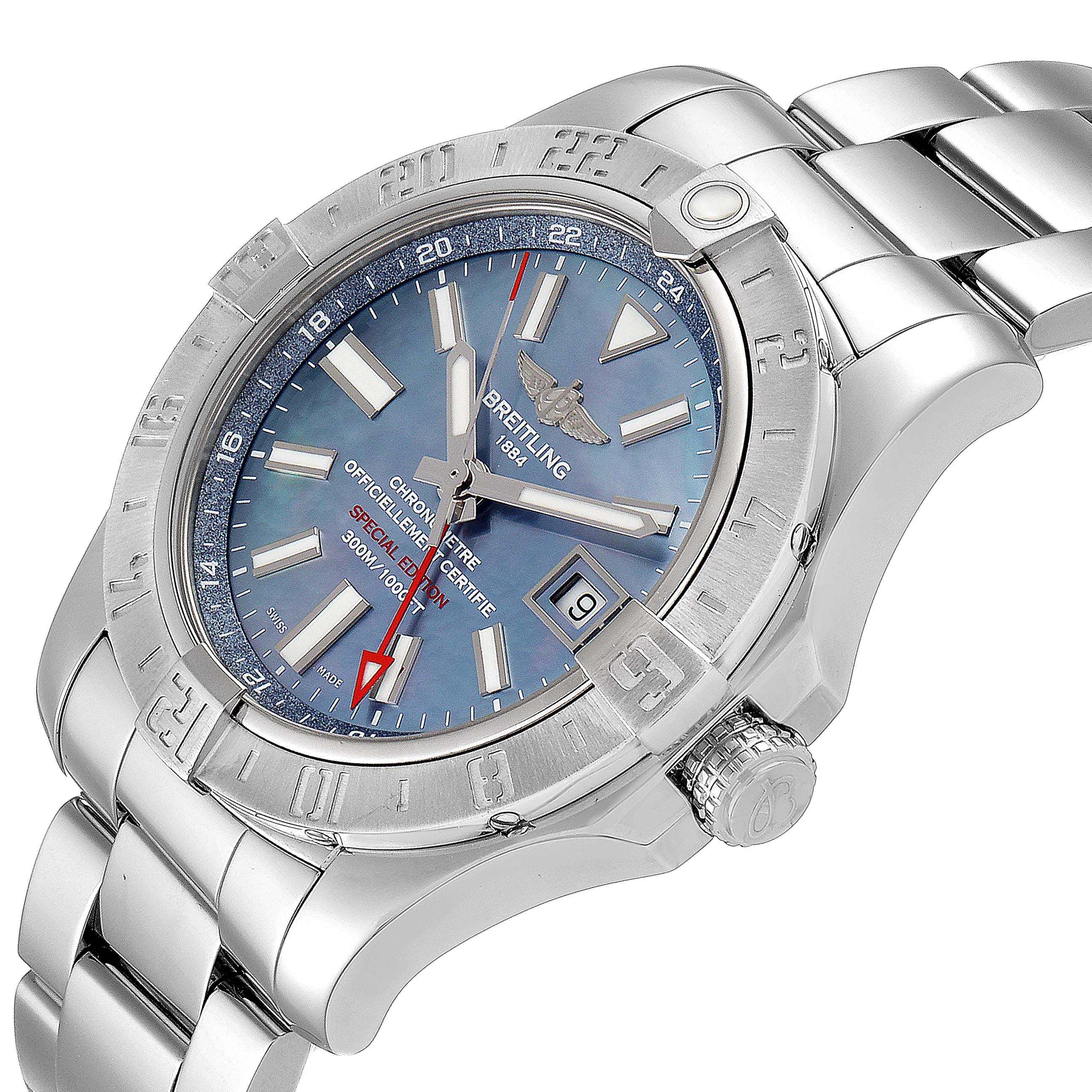 This image shows a Breitling Avenger A3239011-C872-170A Men's Stainless Steel Blue Dial A3239011-C872-170A Men's Stainless Steel Blue Dial watch at a slight angle, highlighting the face, bezel, bracelet, and date window.