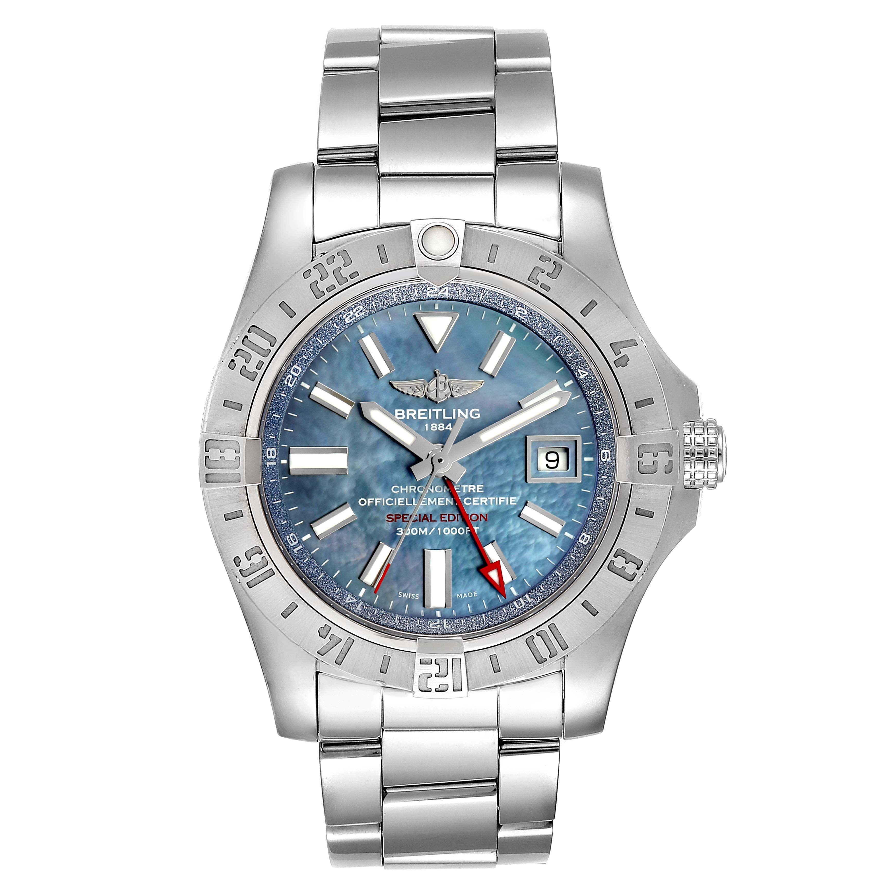 This Breitling Avenger A3239011-C872-170A Men's Stainless Steel Blue Dial A3239011-C872-170A Men's Stainless Steel Blue Dial watch is shown from a front view, displaying the full face, bezel, and bracelet.
