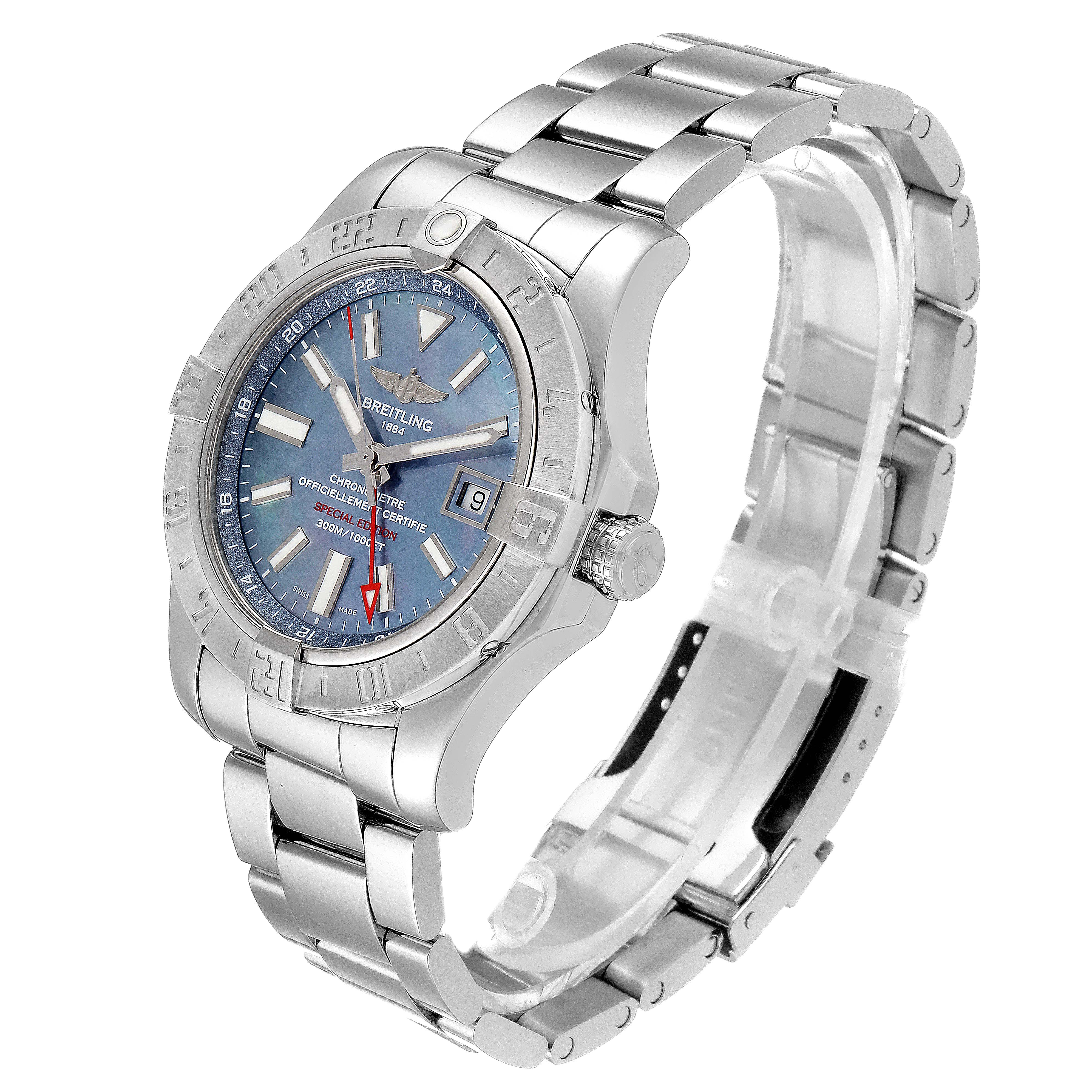 The image shows a Breitling Avenger A3239011-C872-170A Men's Stainless Steel Blue Dial A3239011-C872-170A Men's Stainless Steel Blue Dial watch at a three-quarter angle, highlighting the face, bezel, crown, and band.