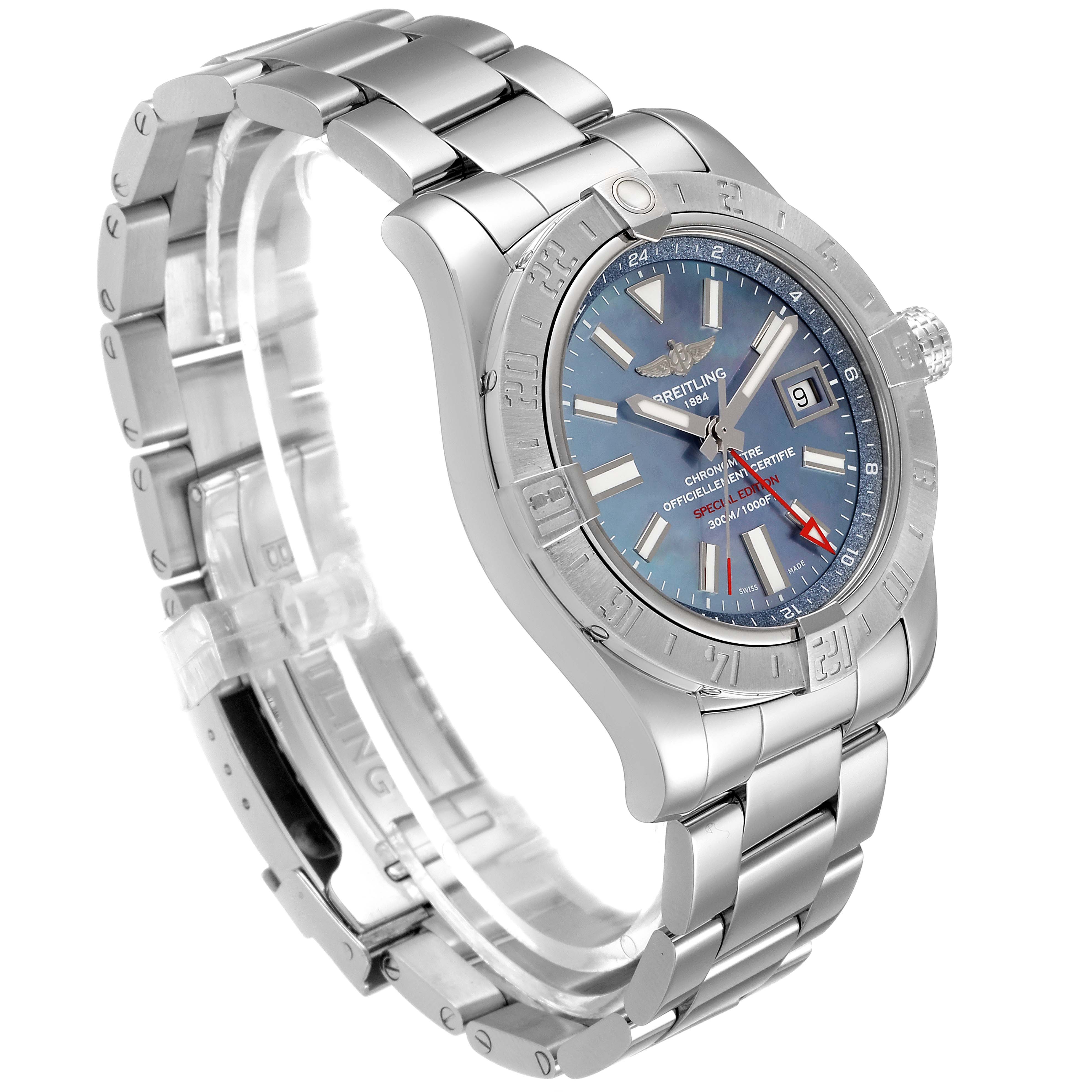 The image shows a side angle view of the Breitling Avenger A3239011-C872-170A Men's Stainless Steel Blue Dial A3239011-C872-170A Men's Stainless Steel Blue Dial watch, highlighting its metallic band, bezel, and blue dial.
